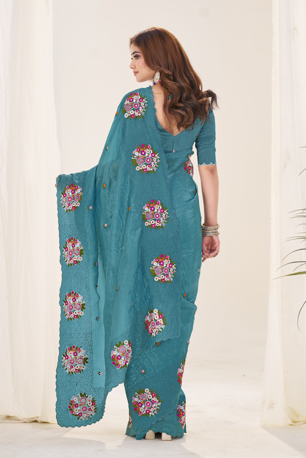 Kalikar Vastraa Gold Crush Malti Color Thread Work Teal