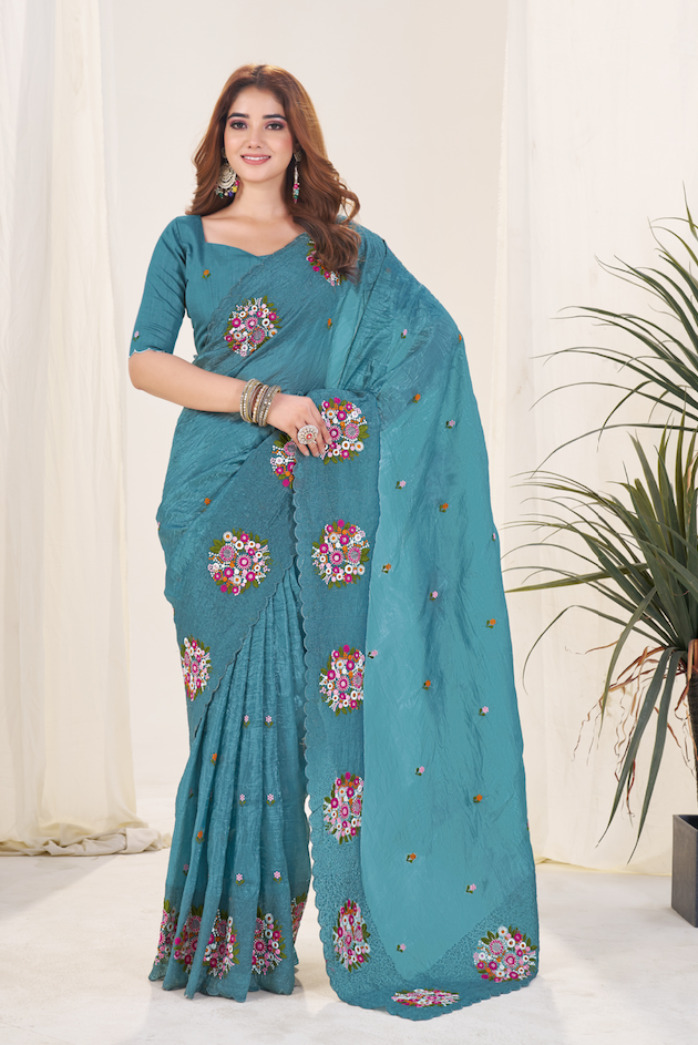 Kalikar Vastraa Gold Crush Malti Color Thread Work Teal