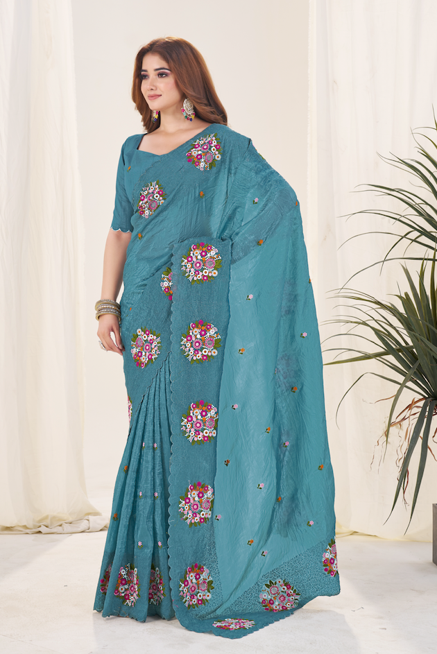 Kalikar Vastraa Gold Crush Malti Color Thread Work Teal