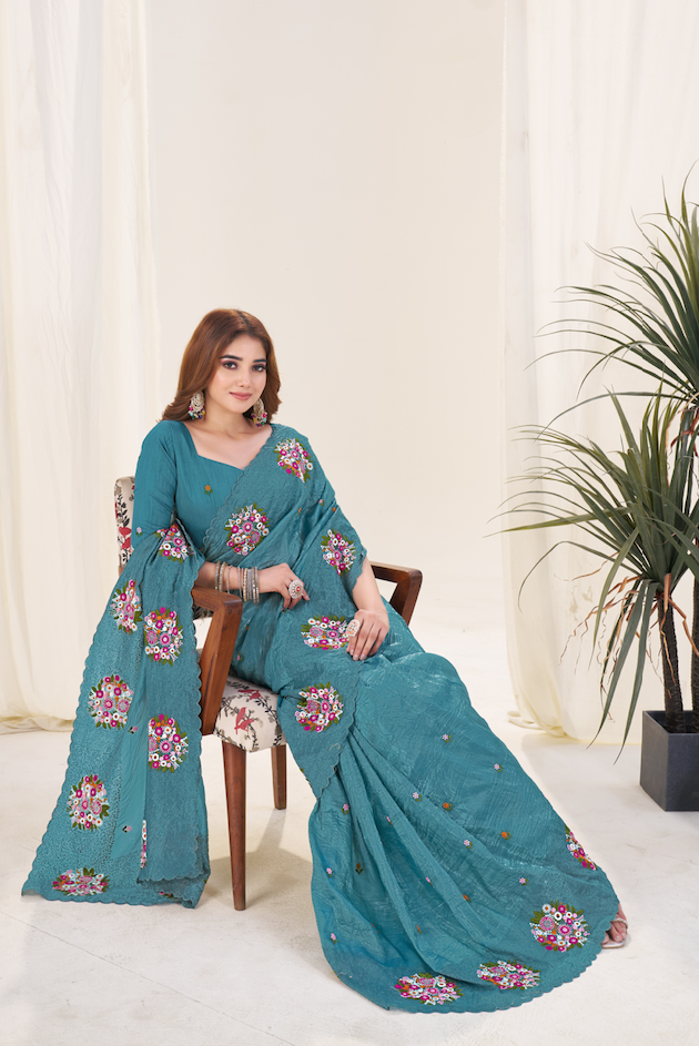 Kalikar Vastraa Gold Crush Malti Color Thread Work Teal