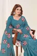 Kalikar Vastraa Gold Crush Malti Color Thread Work Teal