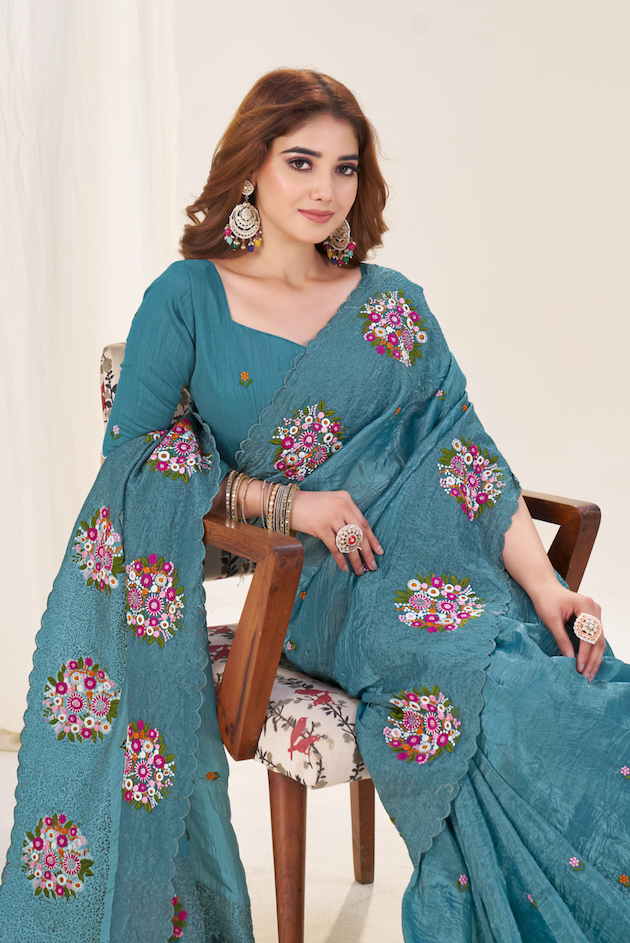 Kalikar Vastraa Gold Crush Malti Color Thread Work Teal