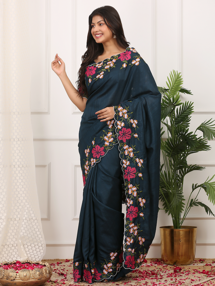 Kalikar Onam Manipuri Silk Beautiful Malti Color Thread Work on Border with Cutwork Deep Space Blue