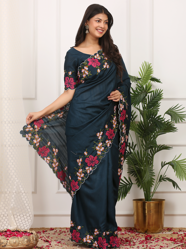 Kalikar Onam Manipuri Silk Beautiful Malti Color Thread Work on Border with Cutwork Deep Space Blue