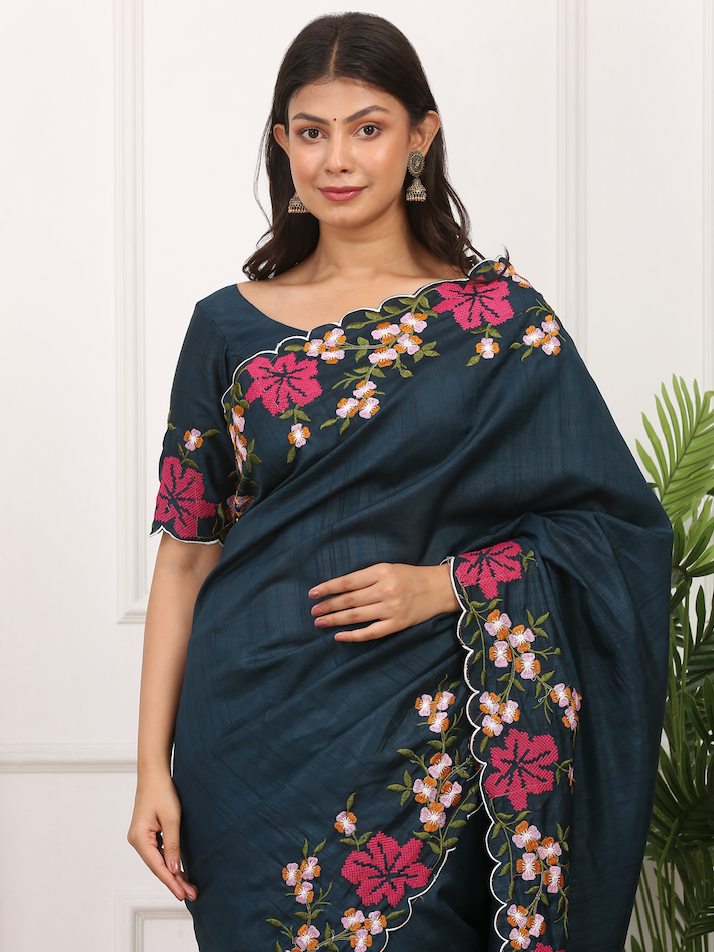 Kalikar Onam Manipuri Silk Beautiful Malti Color Thread Work on Border with Cutwork Deep Space Blue