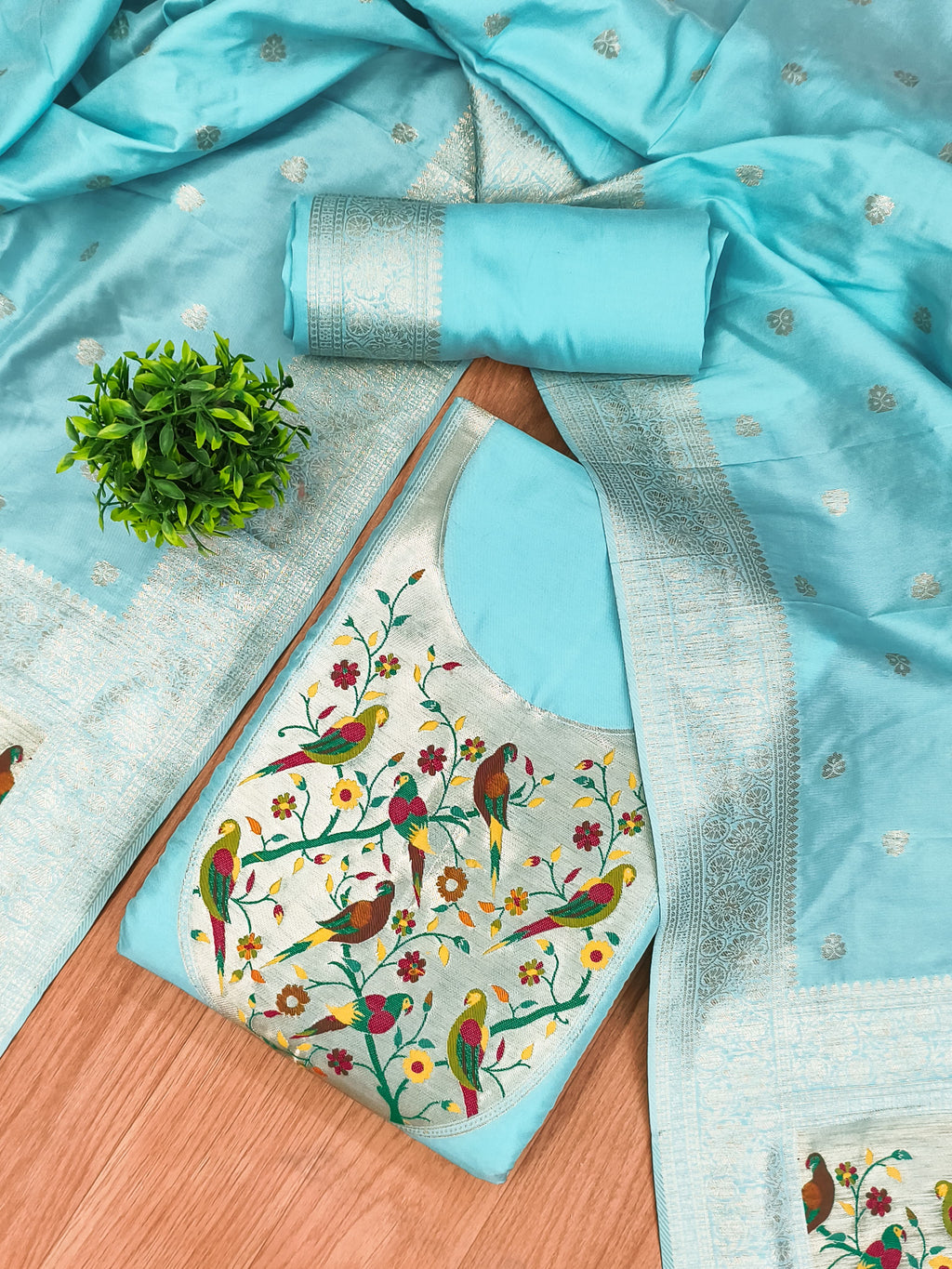 Sky Blue Color Paithani woven Pattern Top, Bottom & Dupatta Dress Material