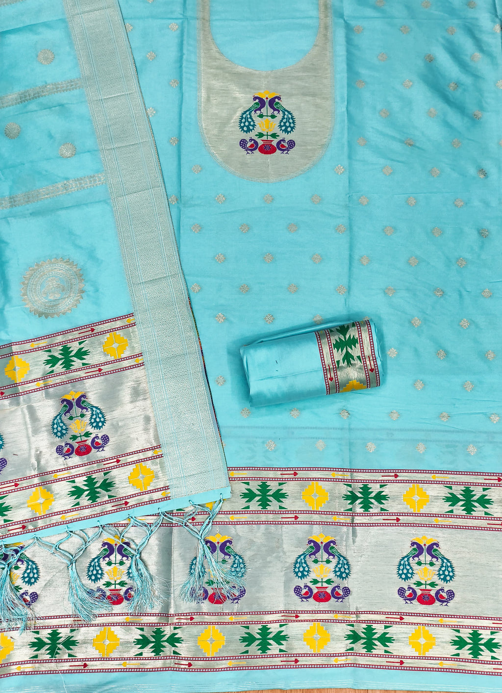 Sky Blue Color Paithani woven Pattern Top, Bottom & Dupatta Dress Material
