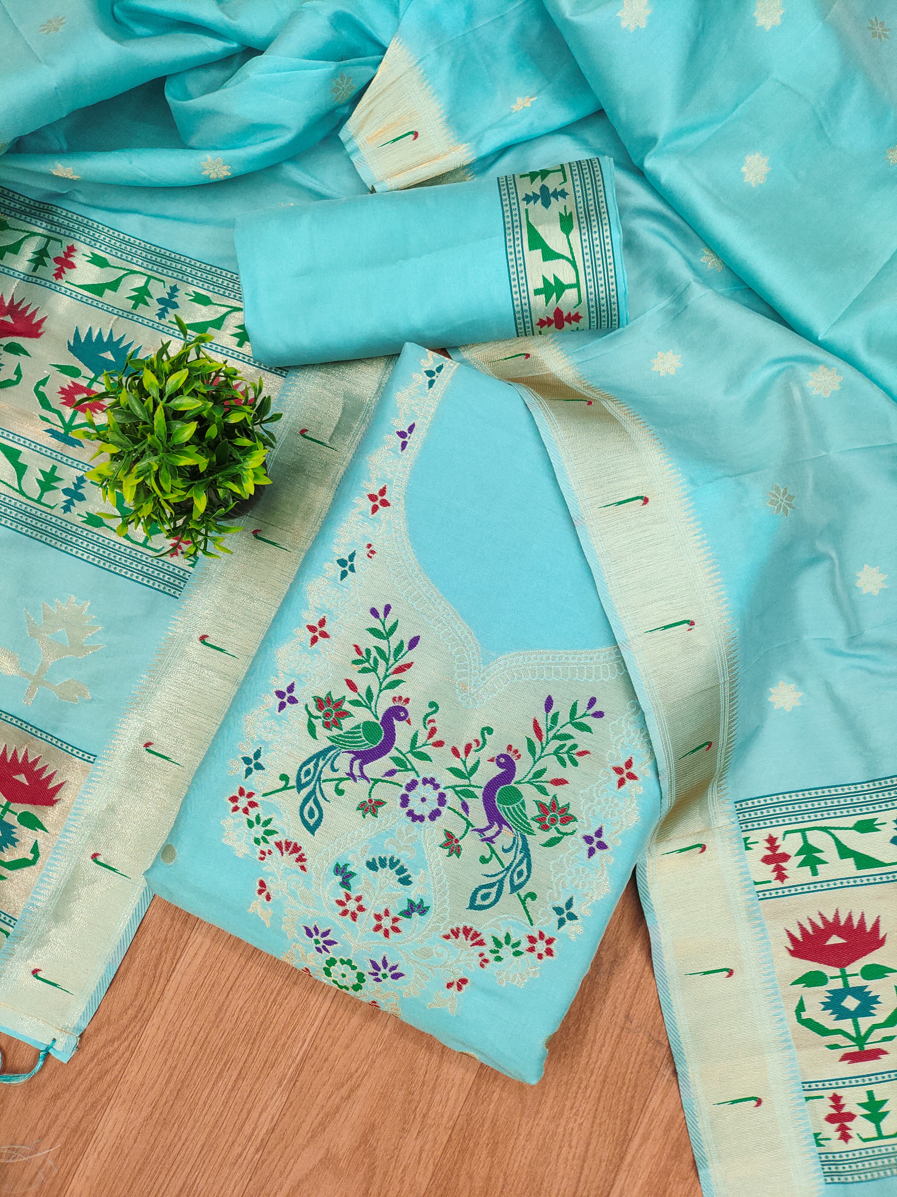 Blue Color Paithani woven Pattern Top, Bottom & Dupatta Dress Material