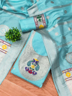 Sky Blue Color Paithani woven Pattern Top, Bottom & Dupatta Dress Material