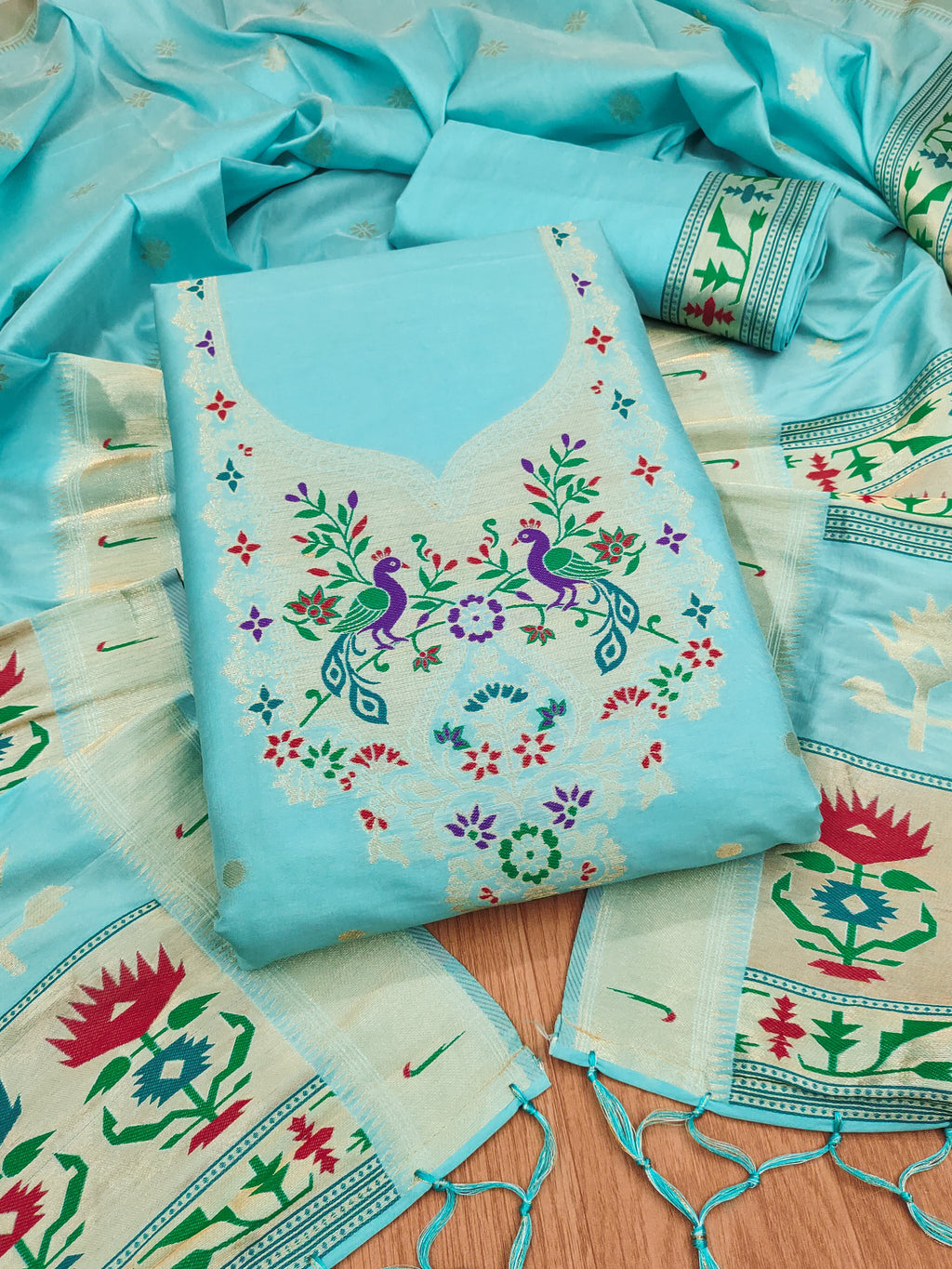 Blue Color Paithani woven Pattern Top, Bottom & Dupatta Dress Material