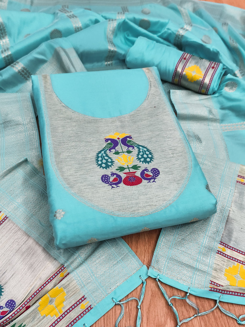 Sky Blue Color Paithani woven Pattern Top, Bottom & Dupatta Dress Material