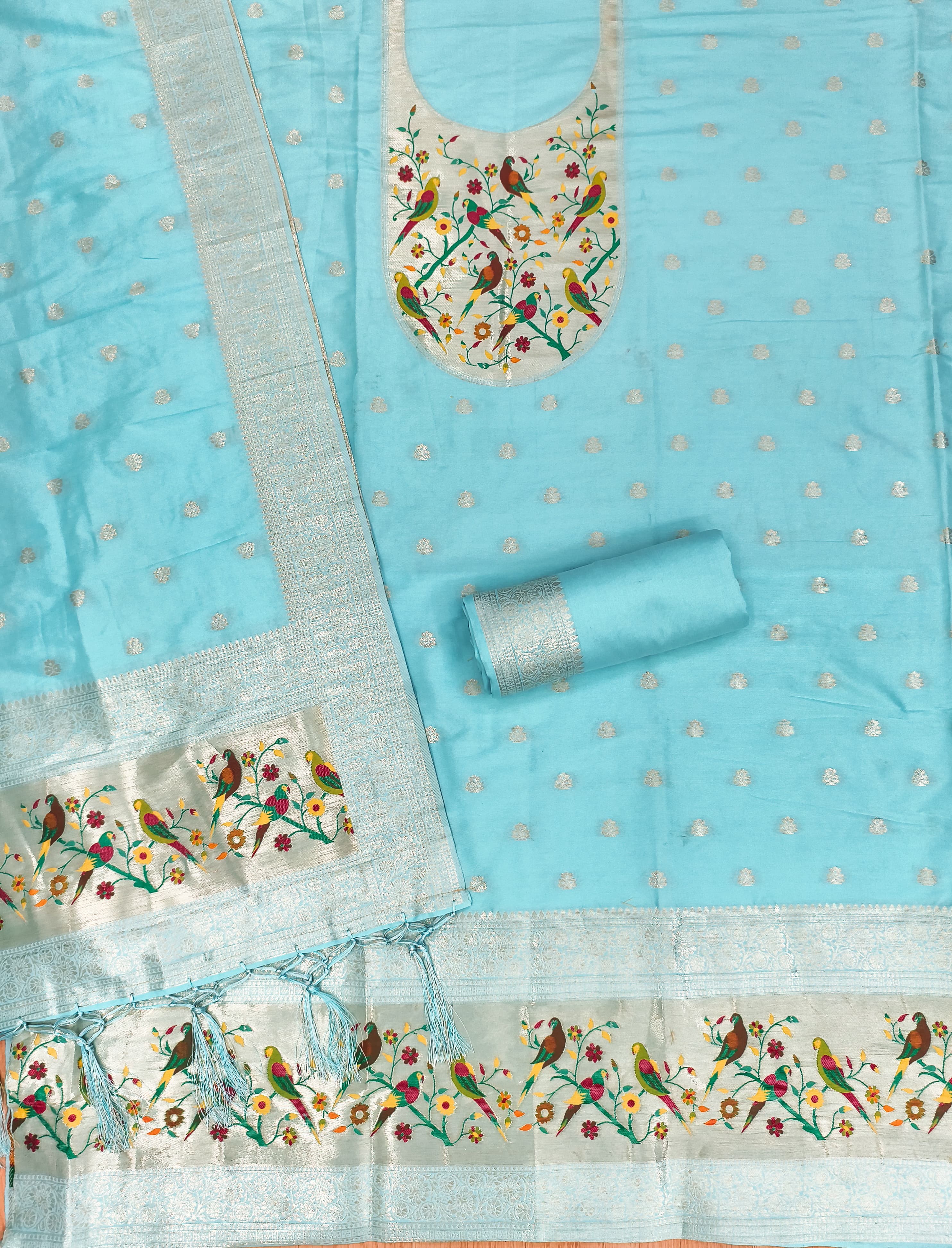 Sky Blue Color Paithani woven Pattern Top, Bottom & Dupatta Dress Material