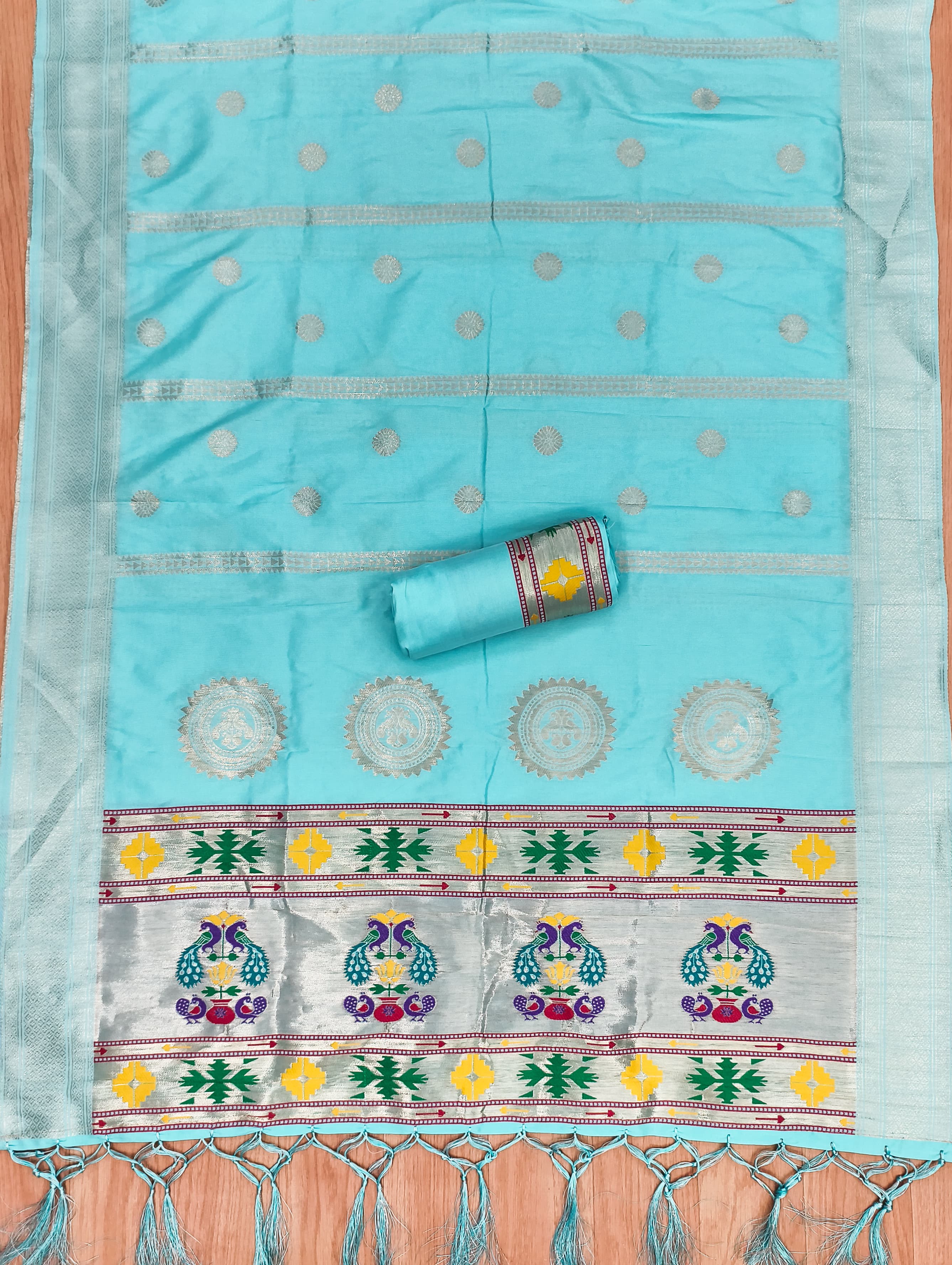 Sky Blue Color Paithani woven Pattern Top, Bottom & Dupatta Dress Material