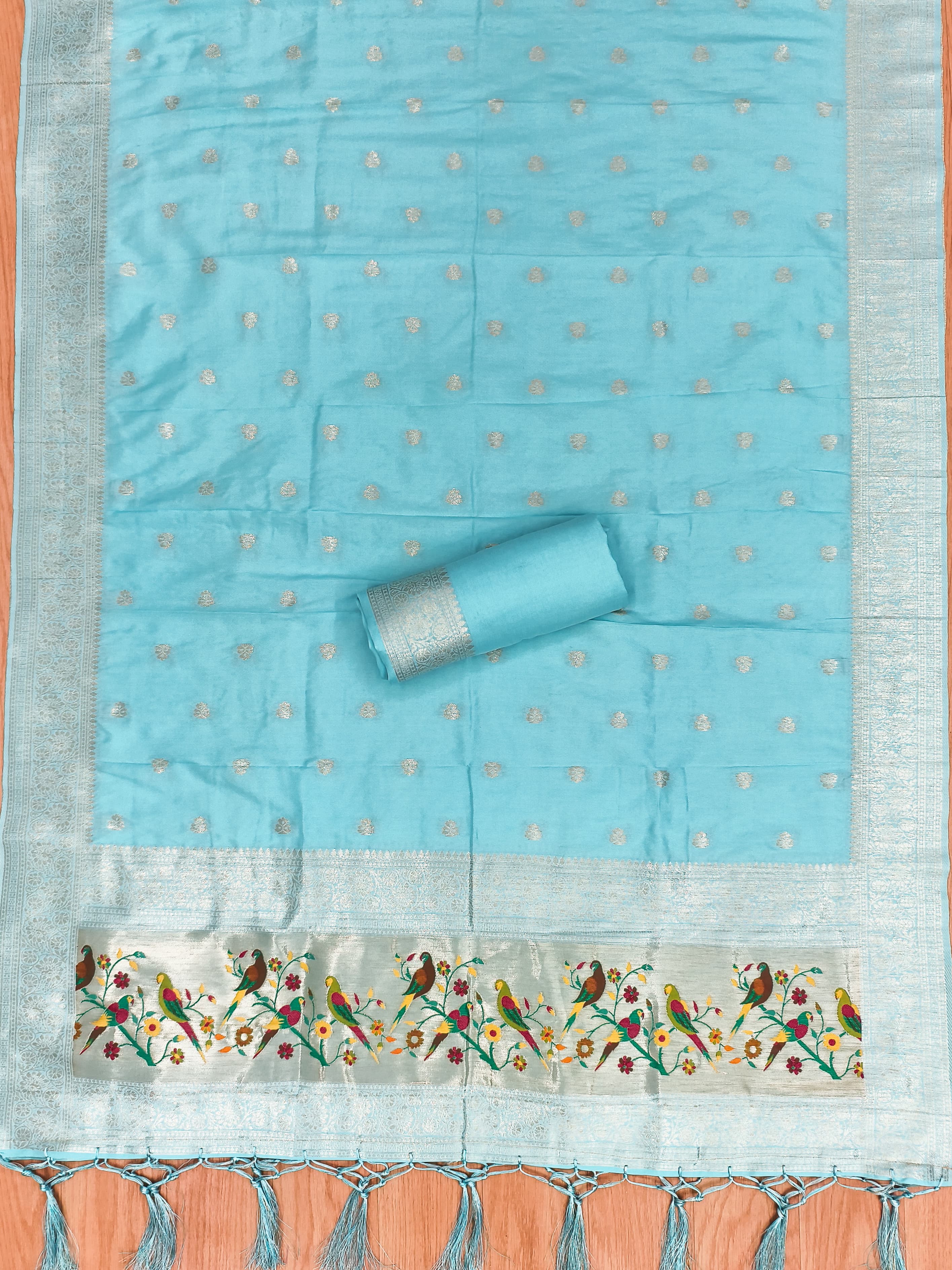 Sky Blue Color Paithani woven Pattern Top, Bottom & Dupatta Dress Material