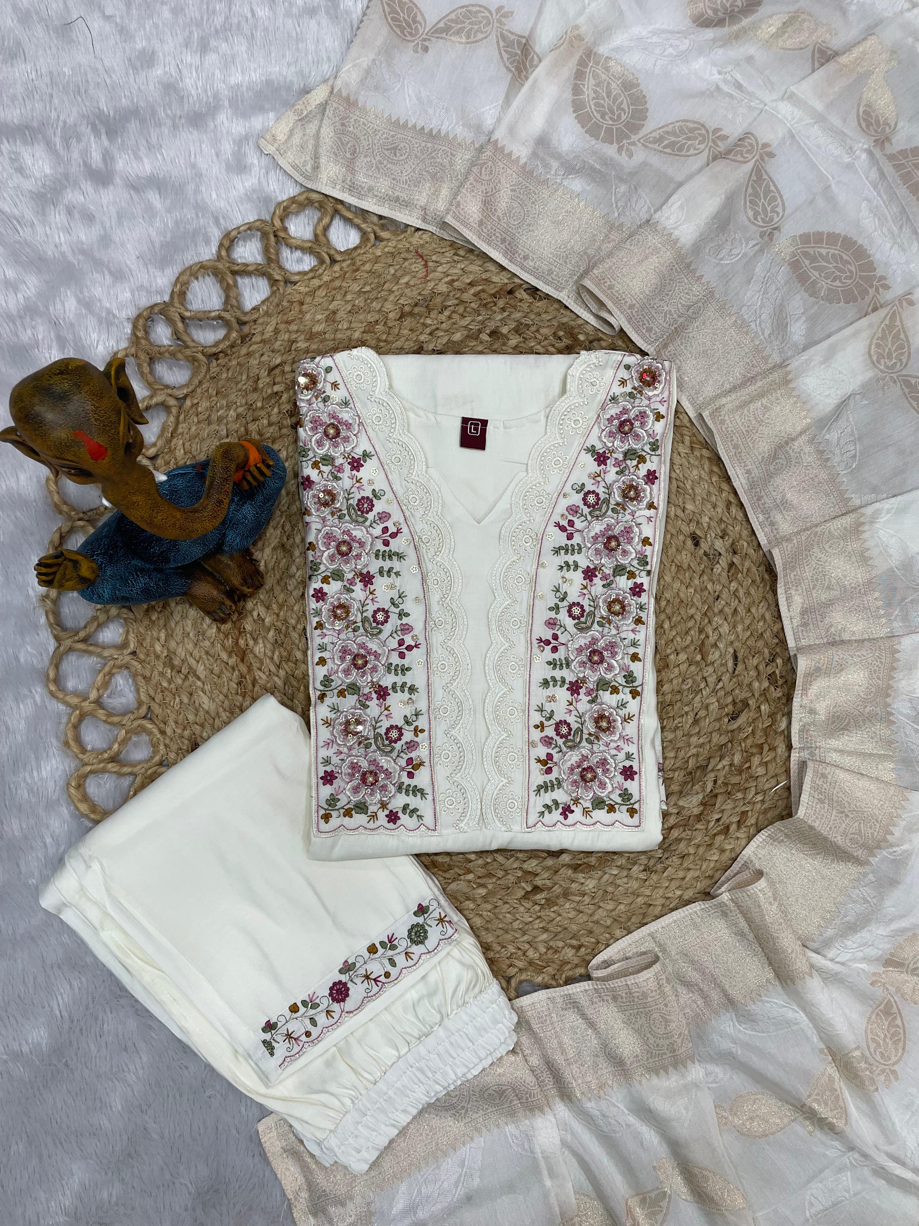 Elegant Straight Kurti Pant Dupatta Set of White