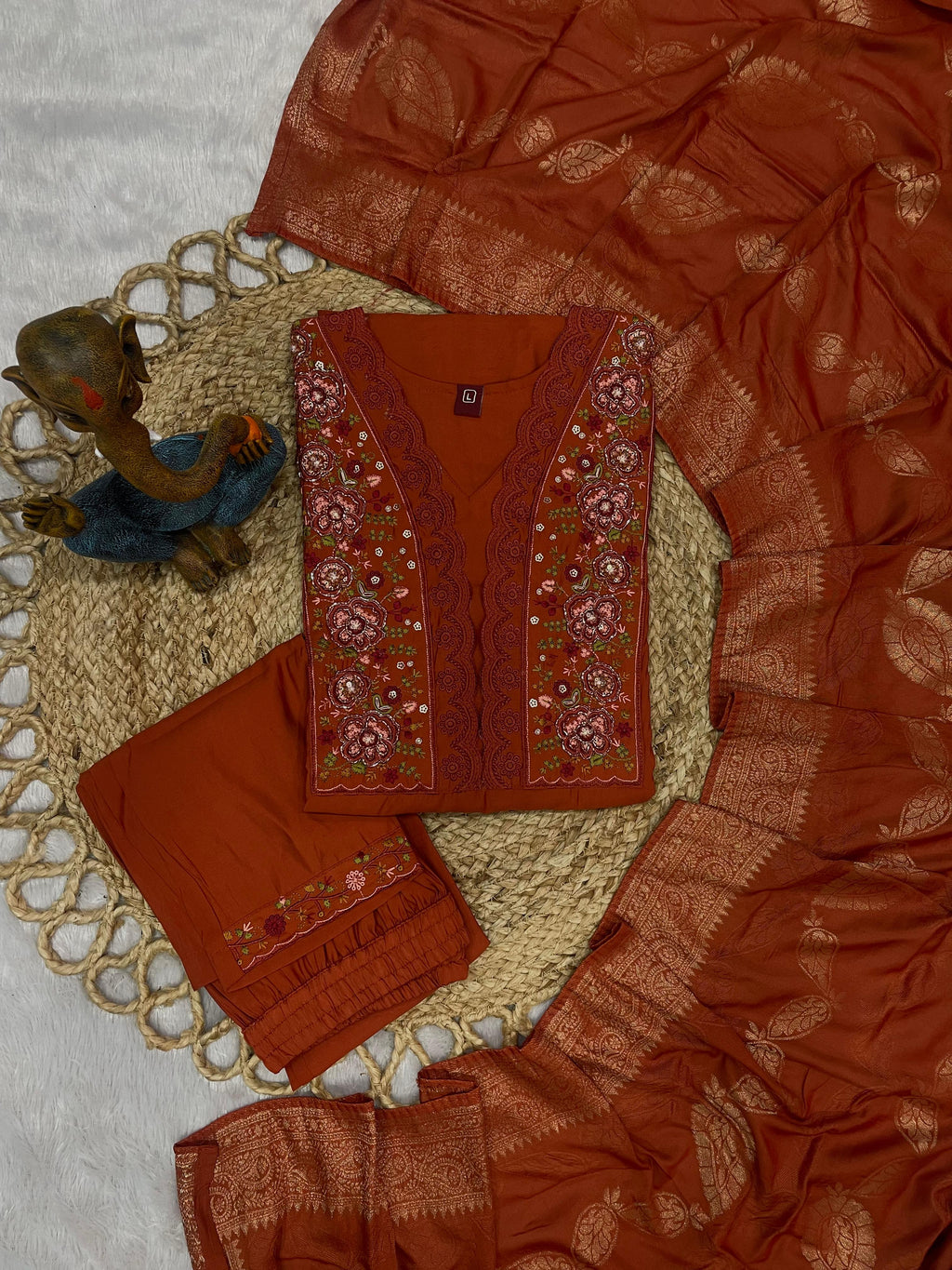 Elegant Straight Kurti Pant Dupatta Set of Rust