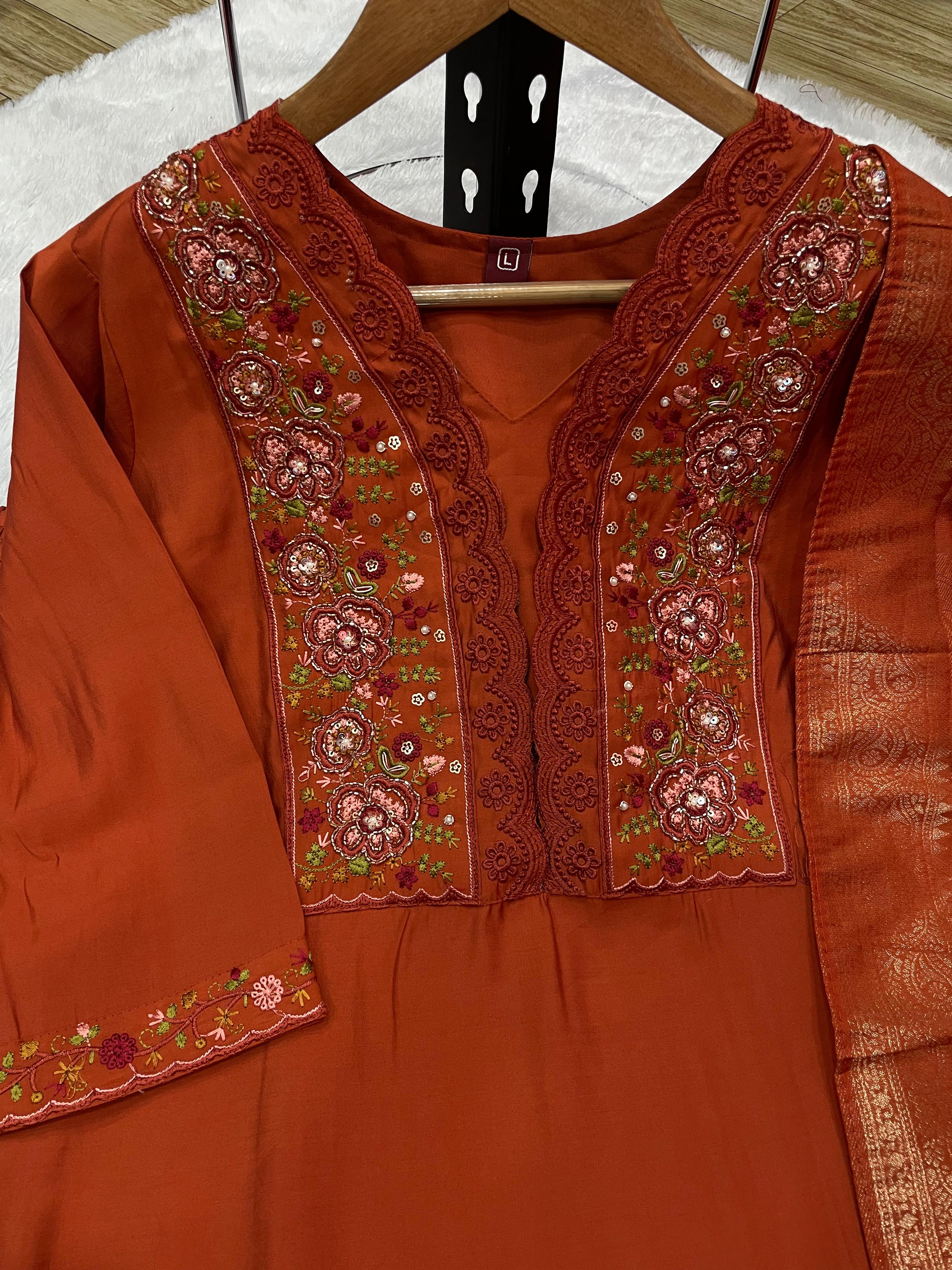 Elegant Straight Kurti Pant Dupatta Set of Rust