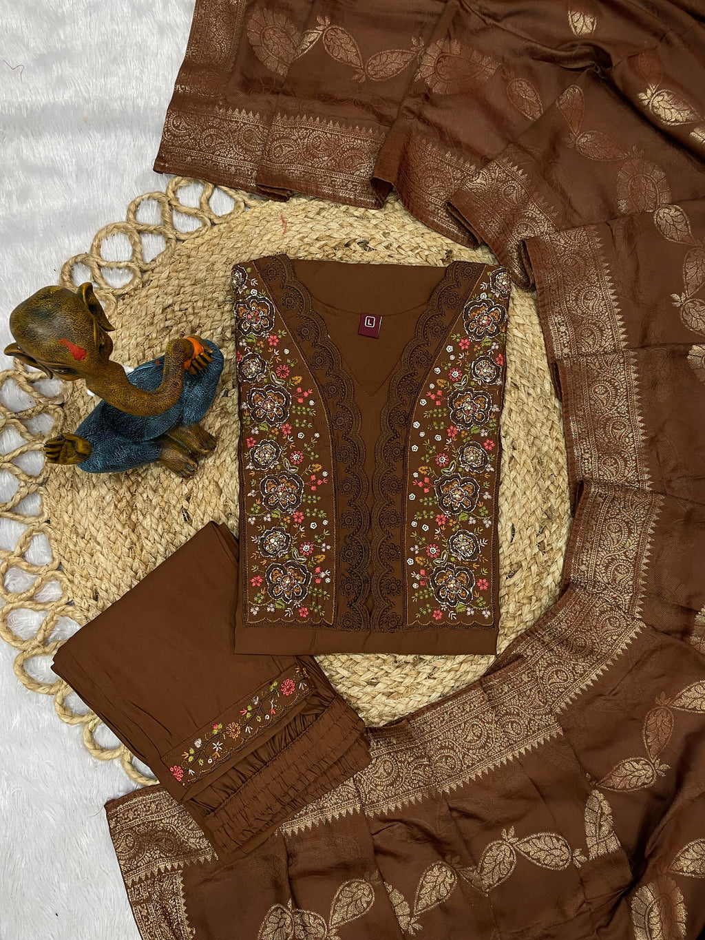 Elegant Straight Kurti Pant Dupatta Set of Coffee