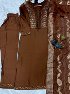 Elegant Straight Kurti Pant Dupatta Set of Coffee