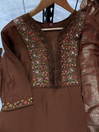 Elegant Straight Kurti Pant Dupatta Set of Coffee