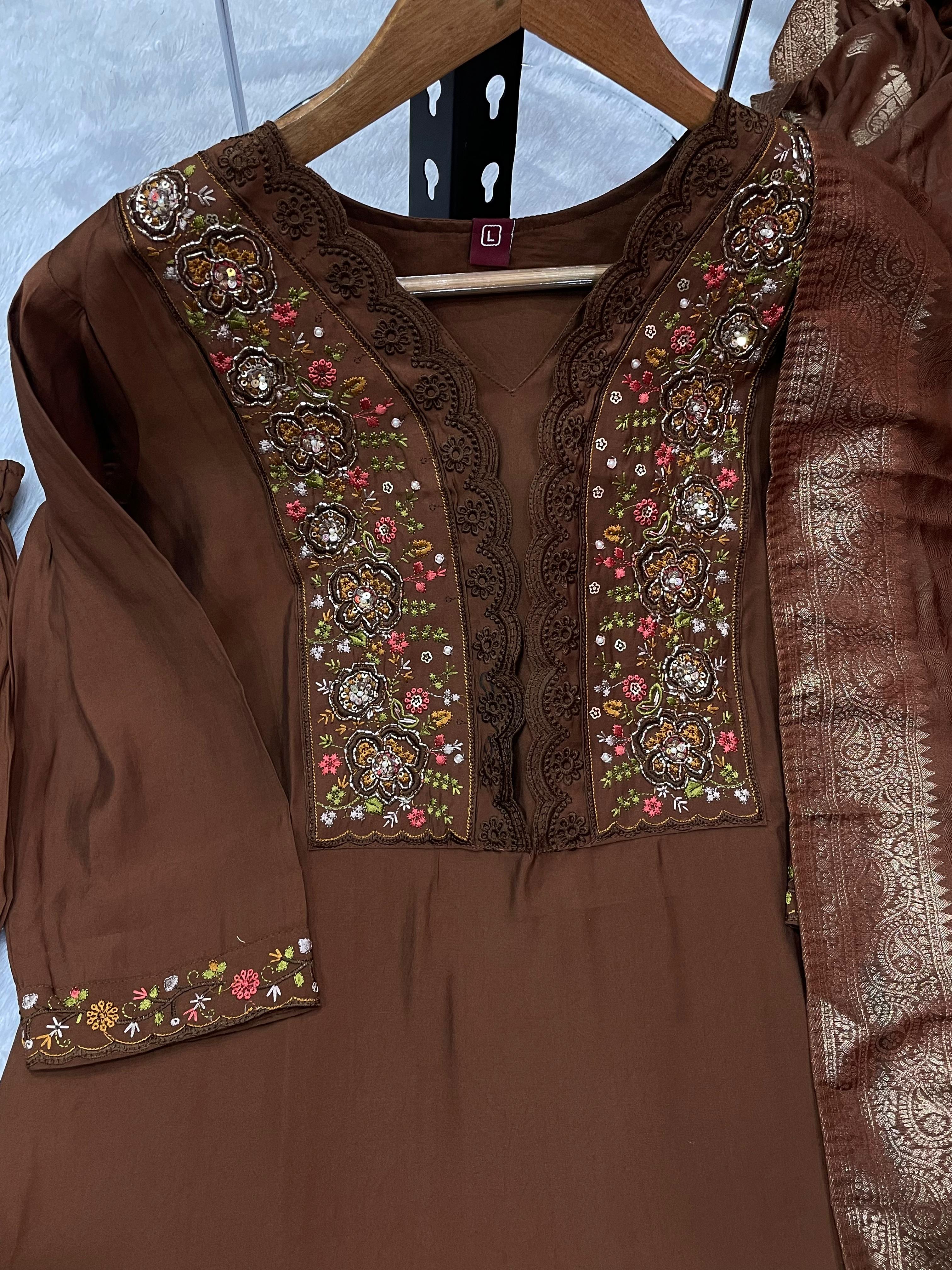 Elegant Straight Kurti Pant Dupatta Set of Coffee