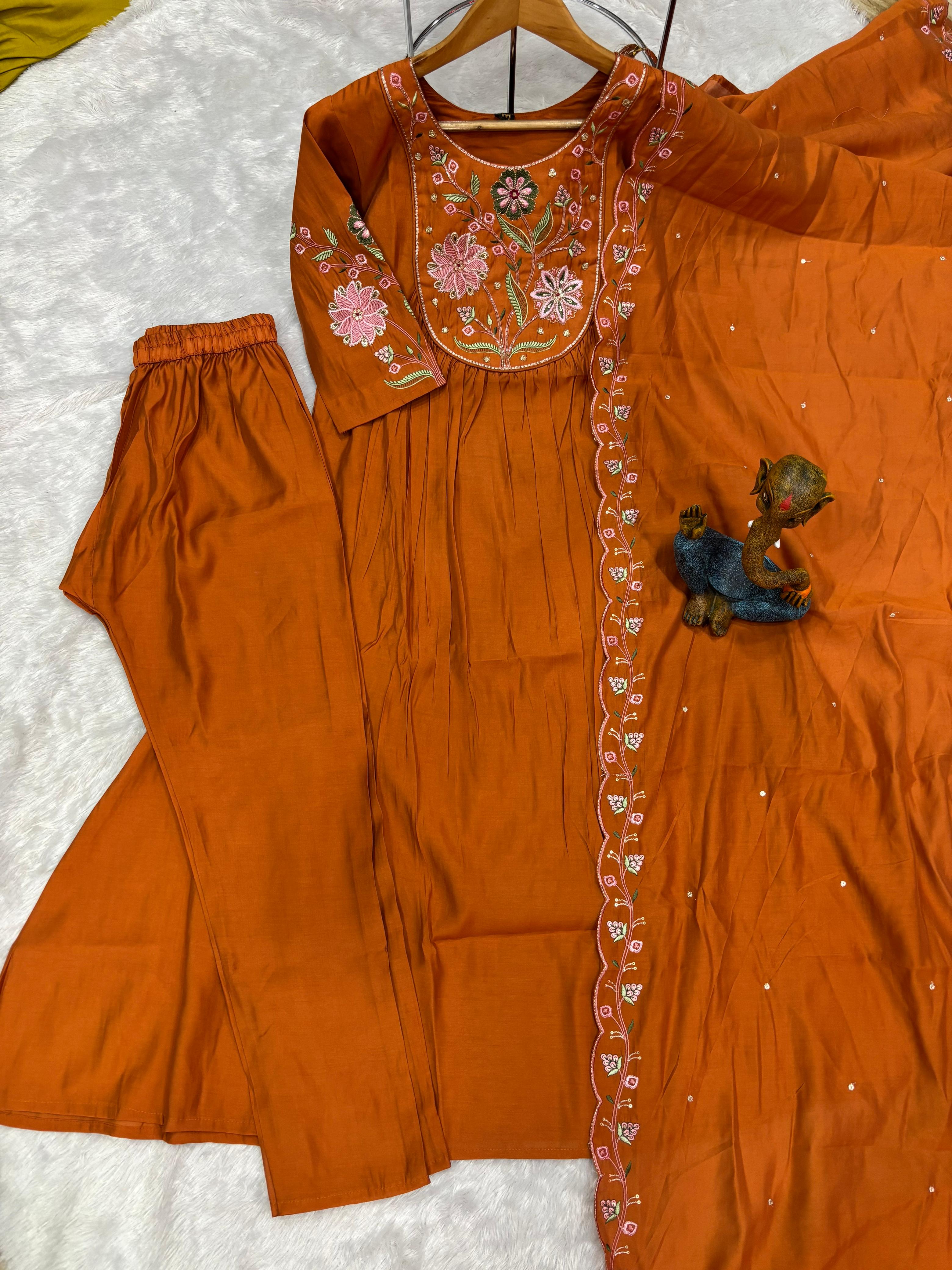 Elegant Straight Kurti Pant Dupatta Set of Rust