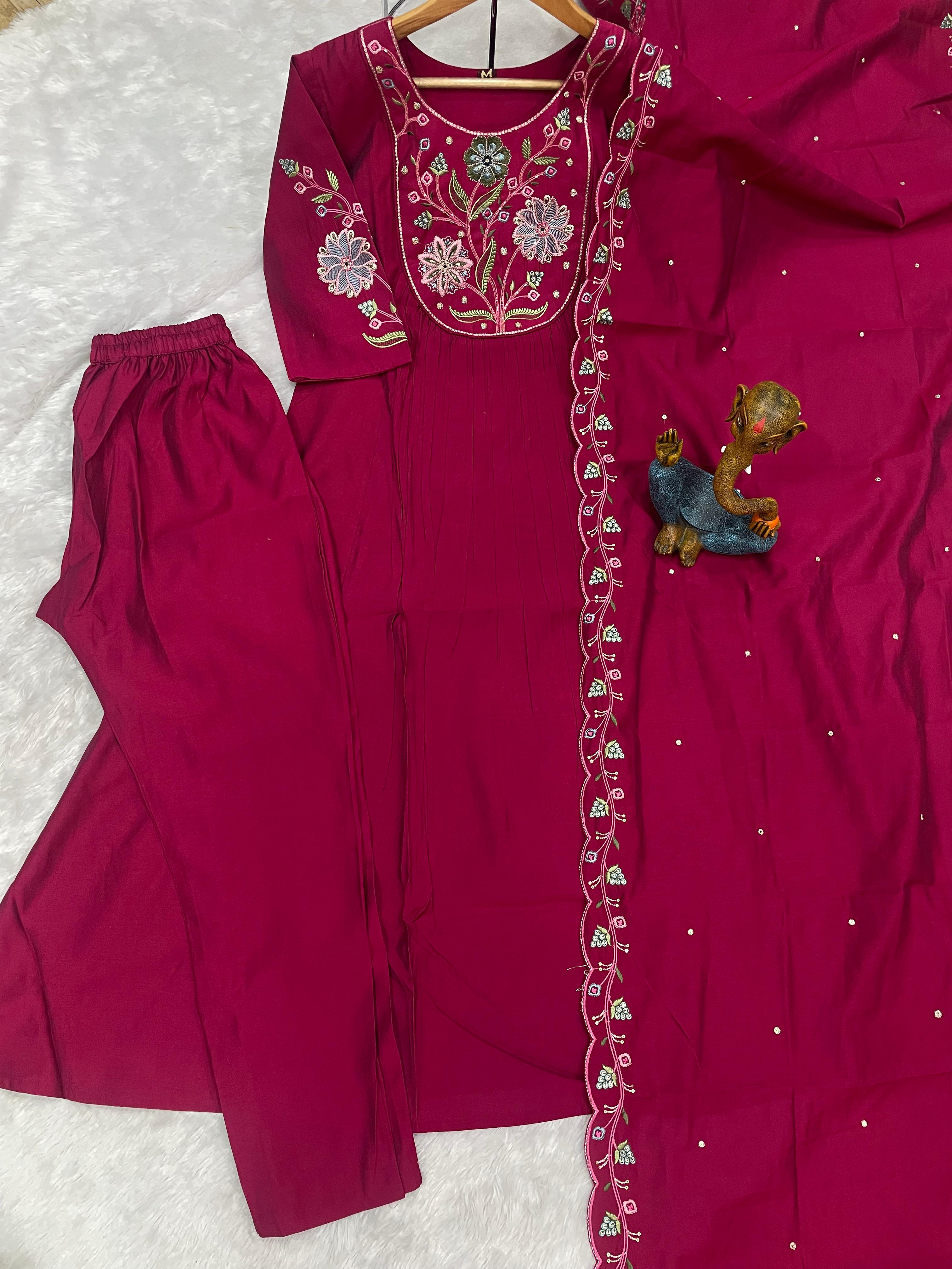Elegant Straight Kurti Pant Dupatta Set of Pink
