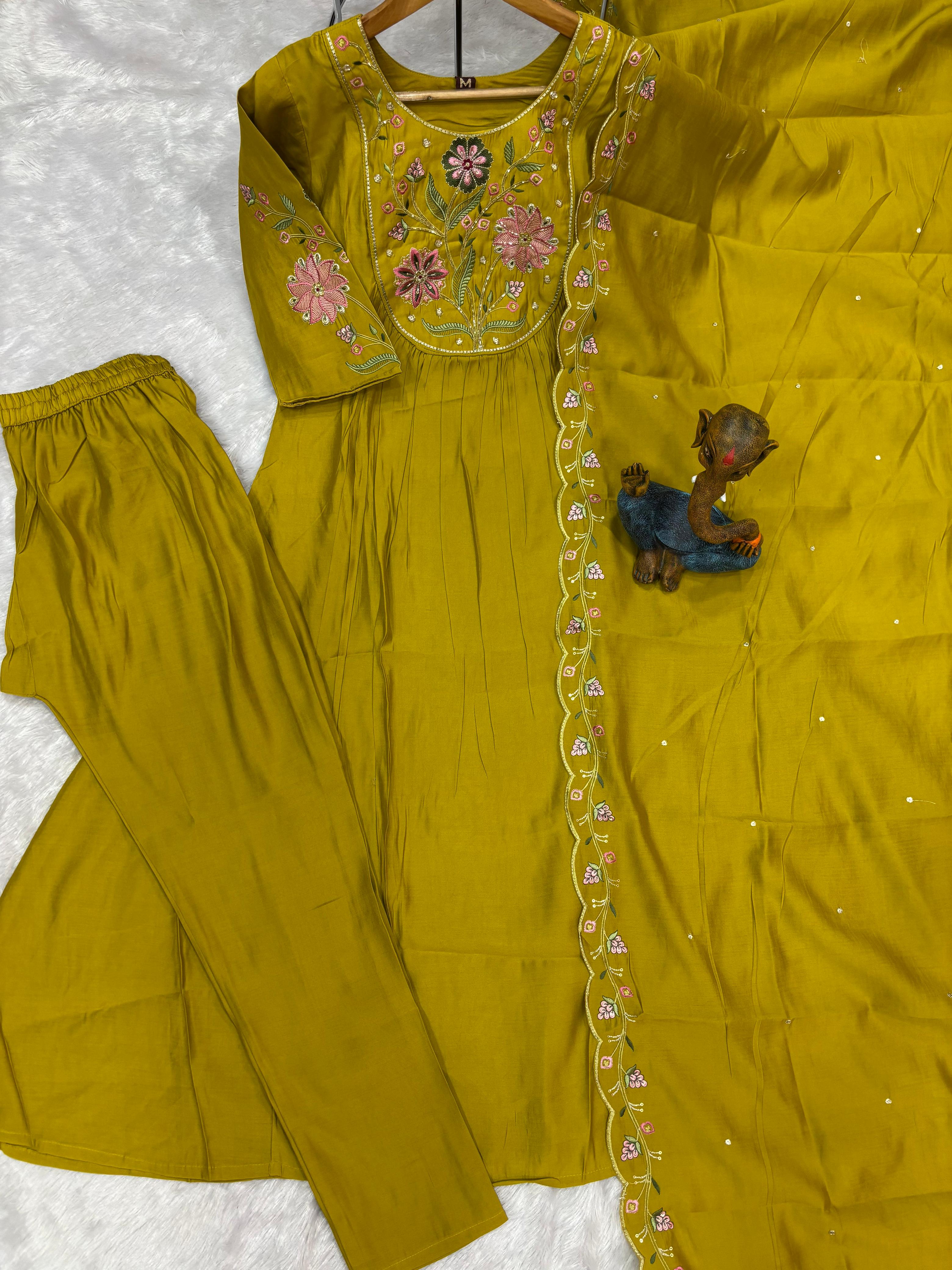 Elegant Straight Kurti Pant Dupatta Set of Yellow