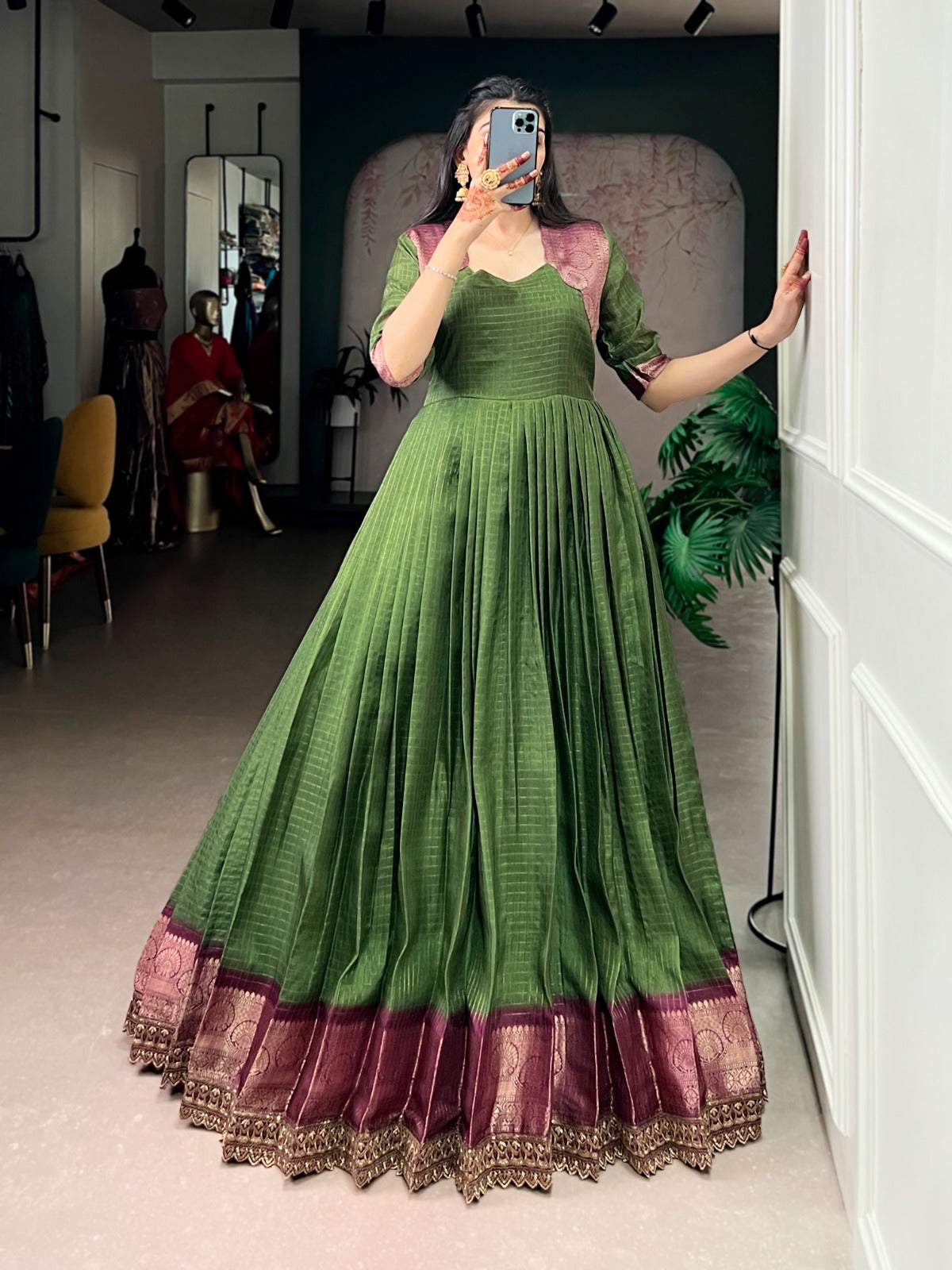 Designer Jari Woven Green Colour Gown