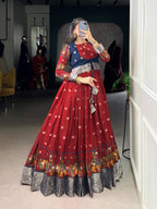 Designer Zari Woven Shrug with Kalamkari Printed Gown of Red Colour