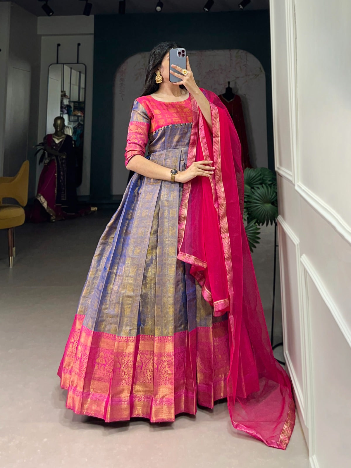 Designer Kanjivaram Woven Gown OF Blue Colour