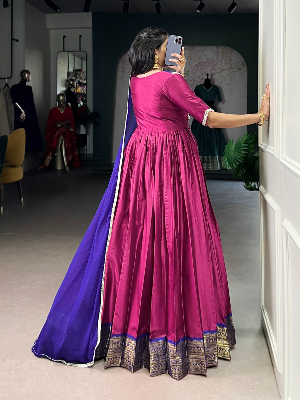 Designer Jari Woven Pink Colour Gown with Fancy Lace Border