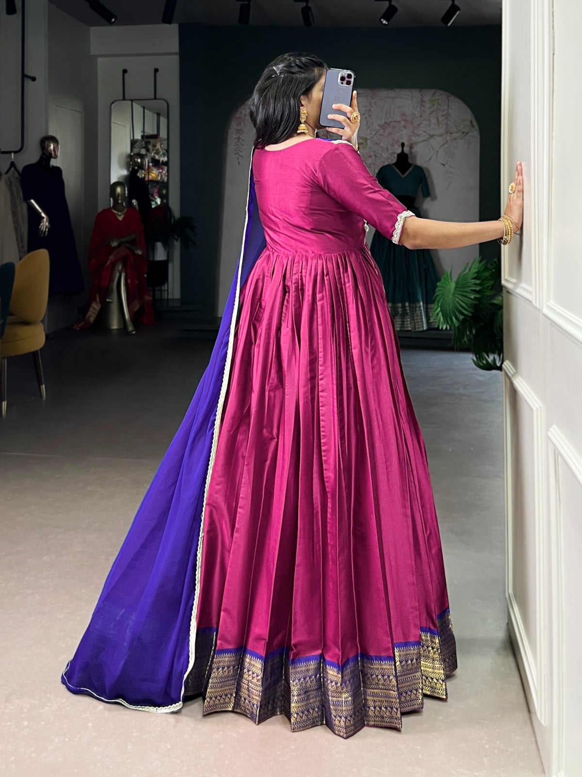 Designer Jari Woven Pink Colour Gown with Fancy Lace Border