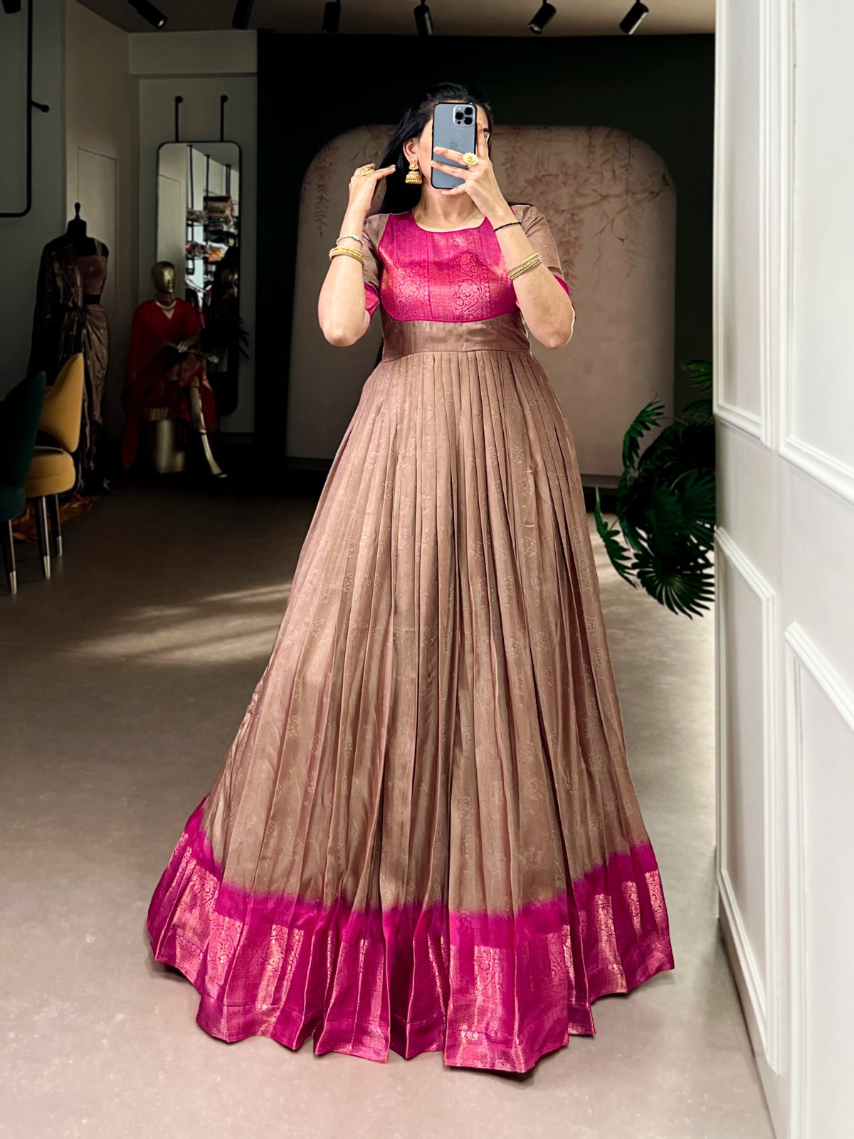 Designer Jari Woven Brown Colour Gown