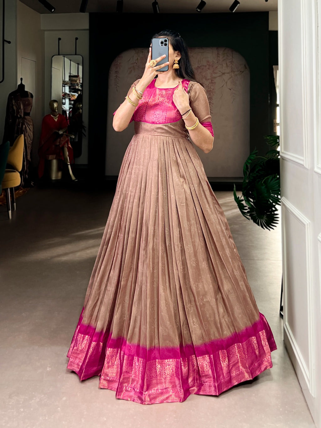 Designer Jari Woven Brown Colour Gown