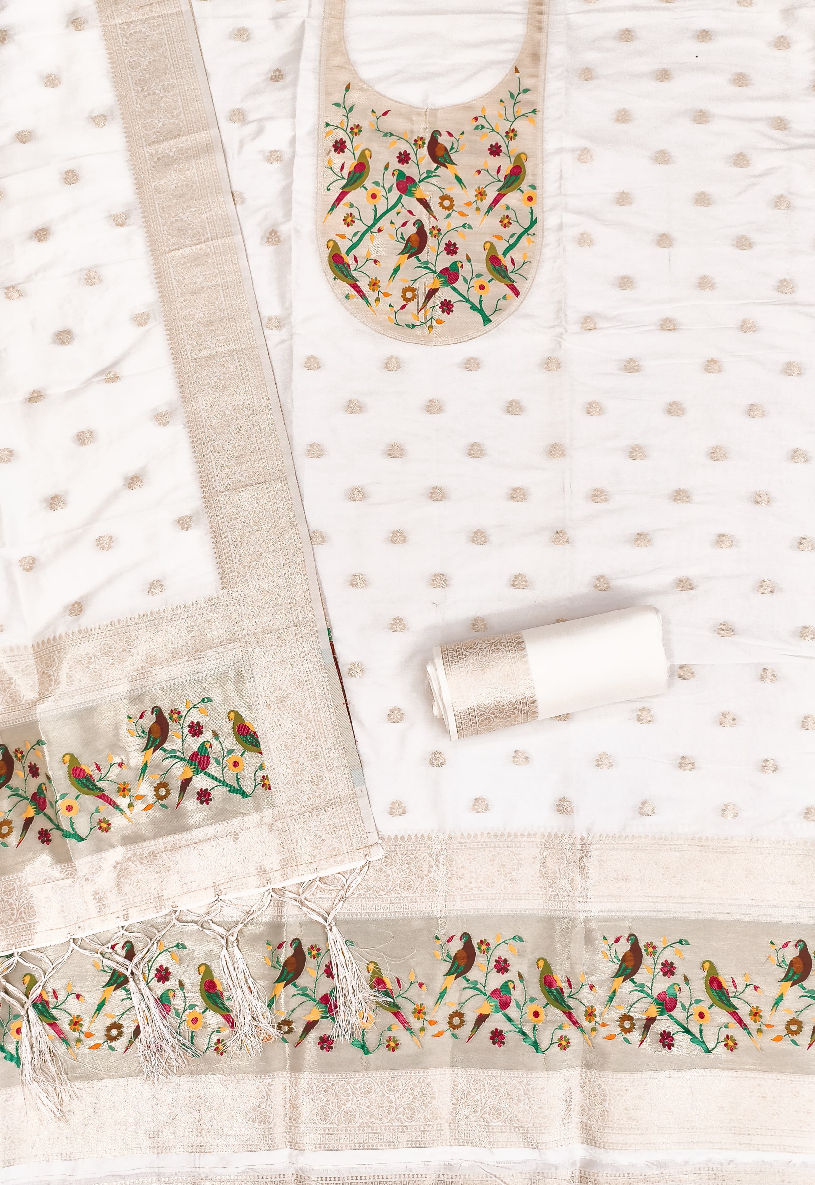 Off White Color Paithani woven Pattern Top, Bottom & Dupatta Dress Material