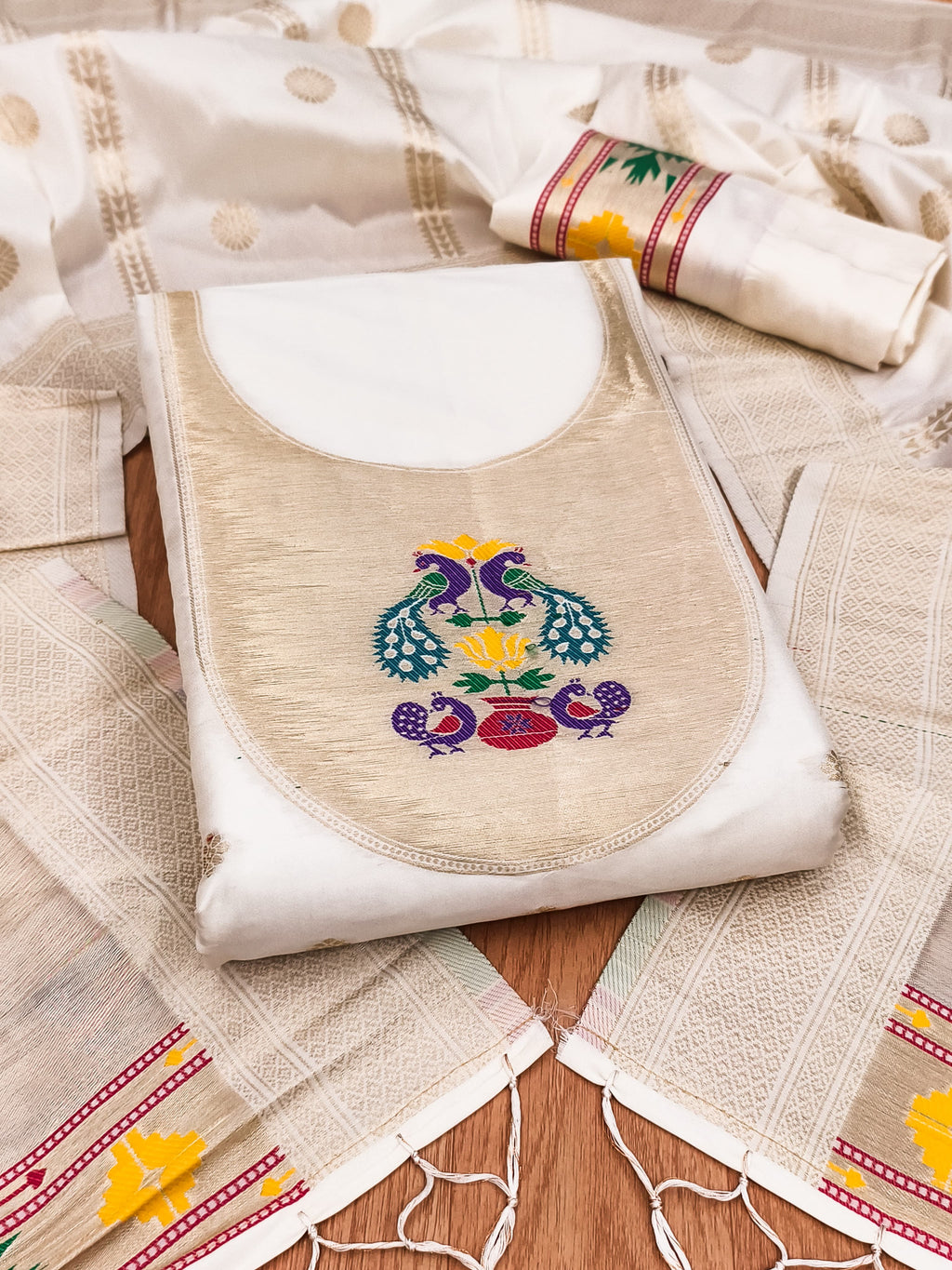 Off White Color Paithani woven Pattern Top, Bottom & Dupatta Dress Material