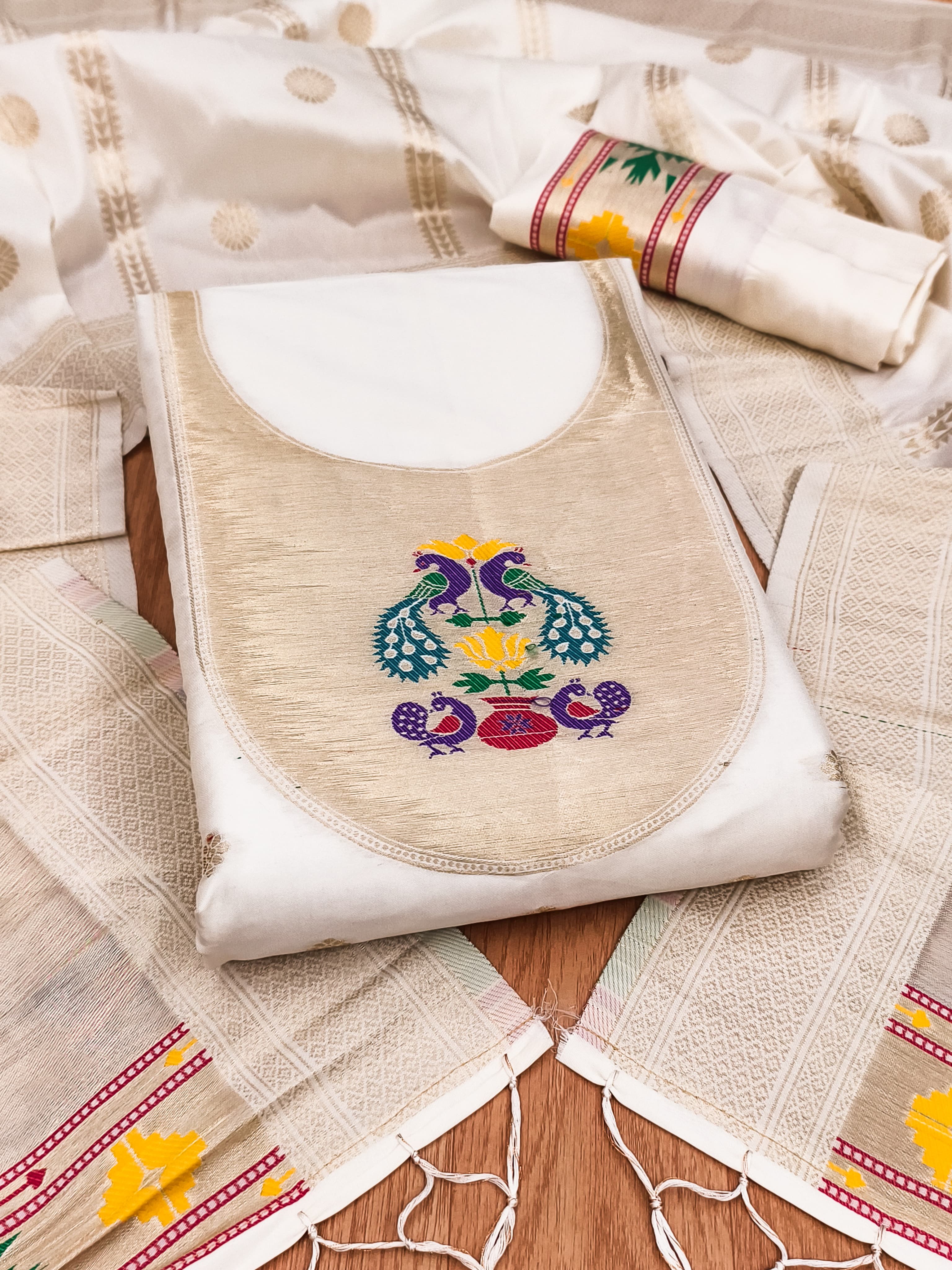 Off White Color Paithani woven Pattern Top, Bottom & Dupatta Dress Material