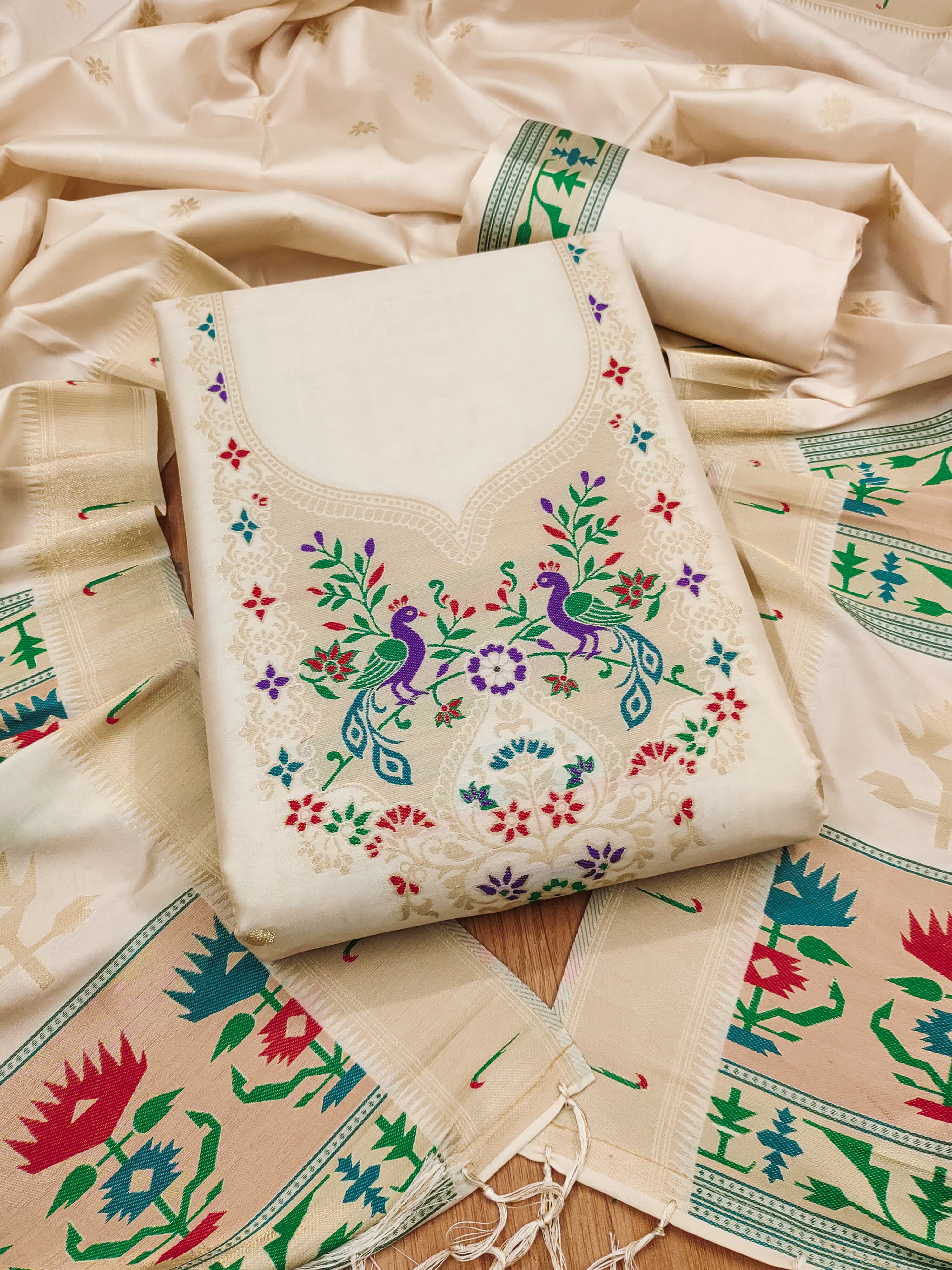 Off White Color Paithani woven Pattern Top, Bottom & Dupatta Dress Material