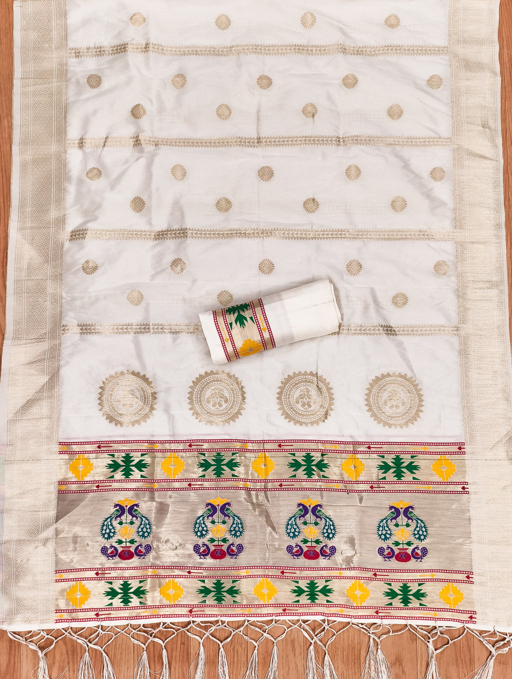 Off White Color Paithani woven Pattern Top, Bottom & Dupatta Dress Material