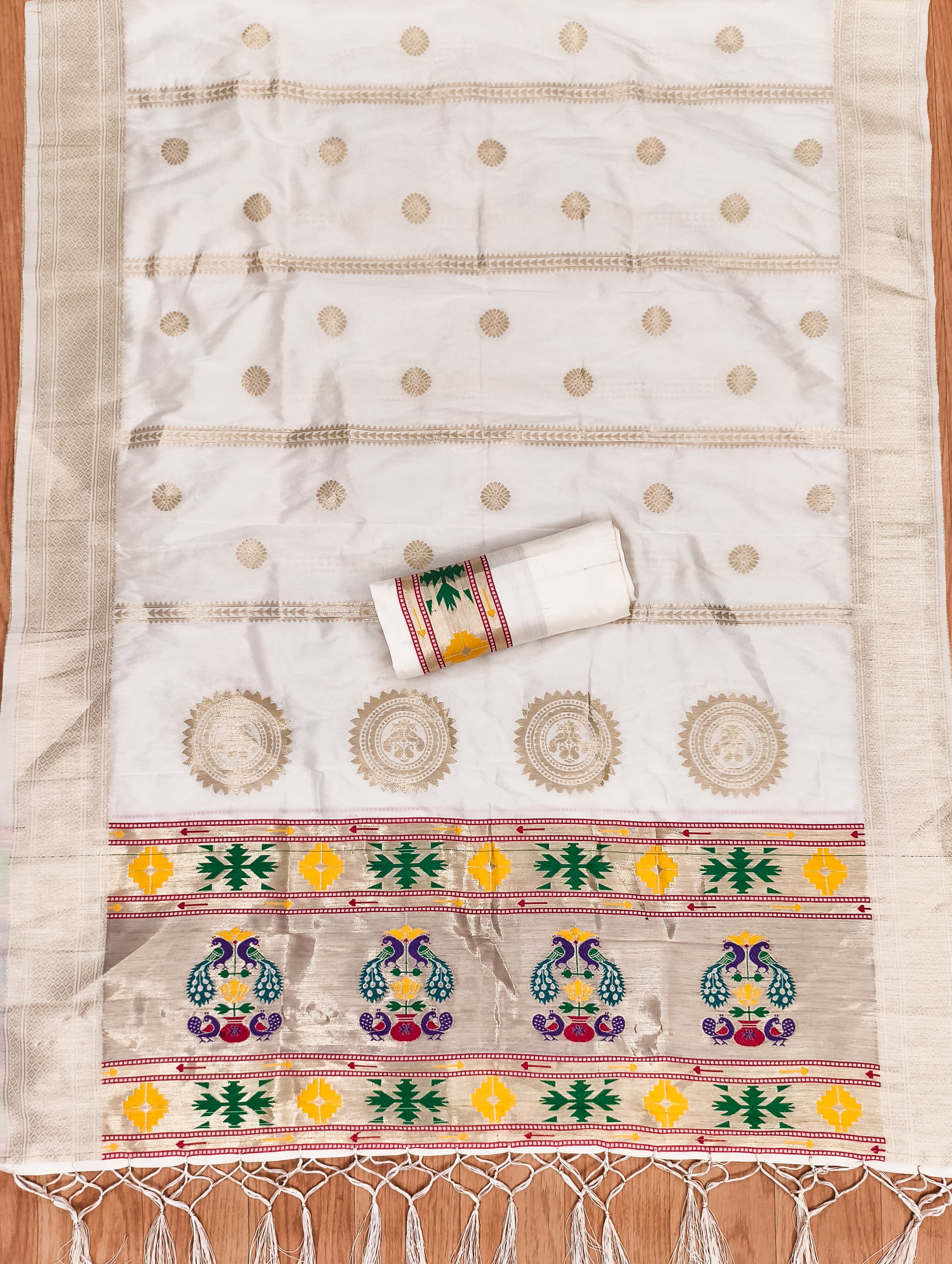 Off White Color Paithani woven Pattern Top, Bottom & Dupatta Dress Material