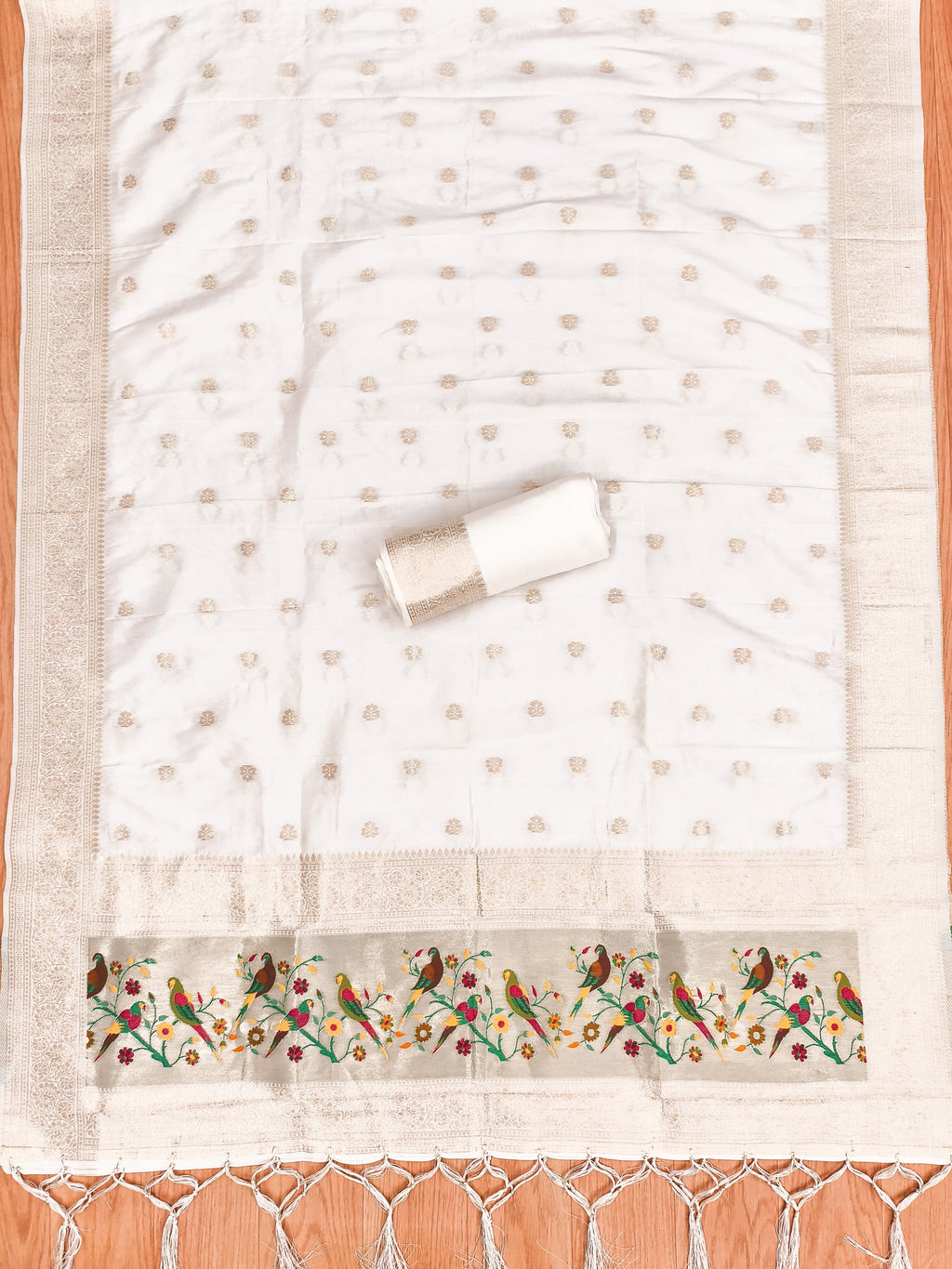 Off White Color Paithani woven Pattern Top, Bottom & Dupatta Dress Material