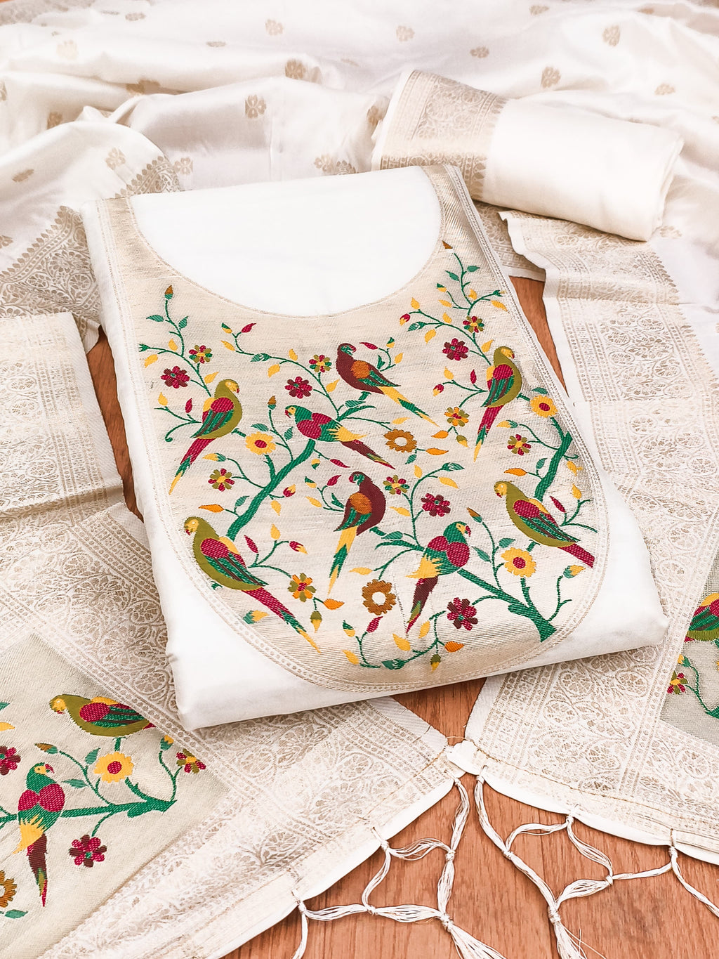 Off White Color Paithani woven Pattern Top, Bottom & Dupatta Dress Material