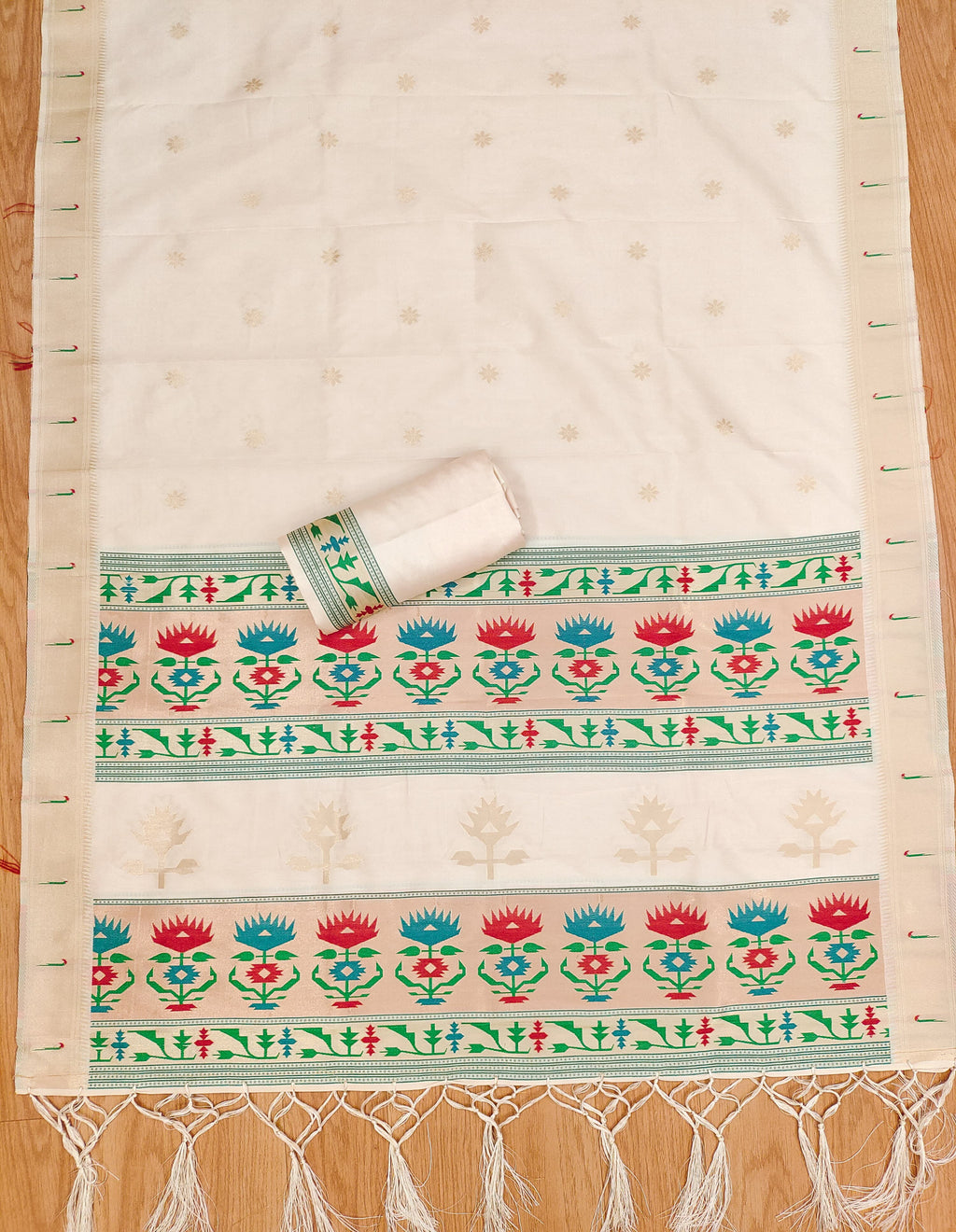 Off White Color Paithani woven Pattern Top, Bottom & Dupatta Dress Material