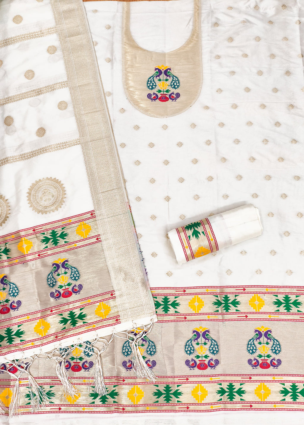 Off White Color Paithani woven Pattern Top, Bottom & Dupatta Dress Material