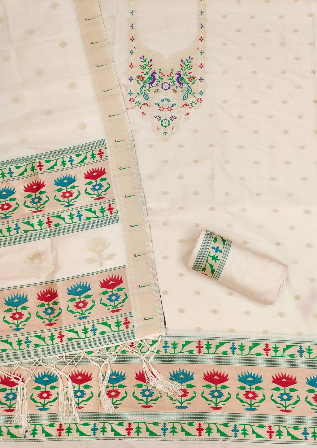 Off White Color Paithani woven Pattern Top, Bottom & Dupatta Dress Material