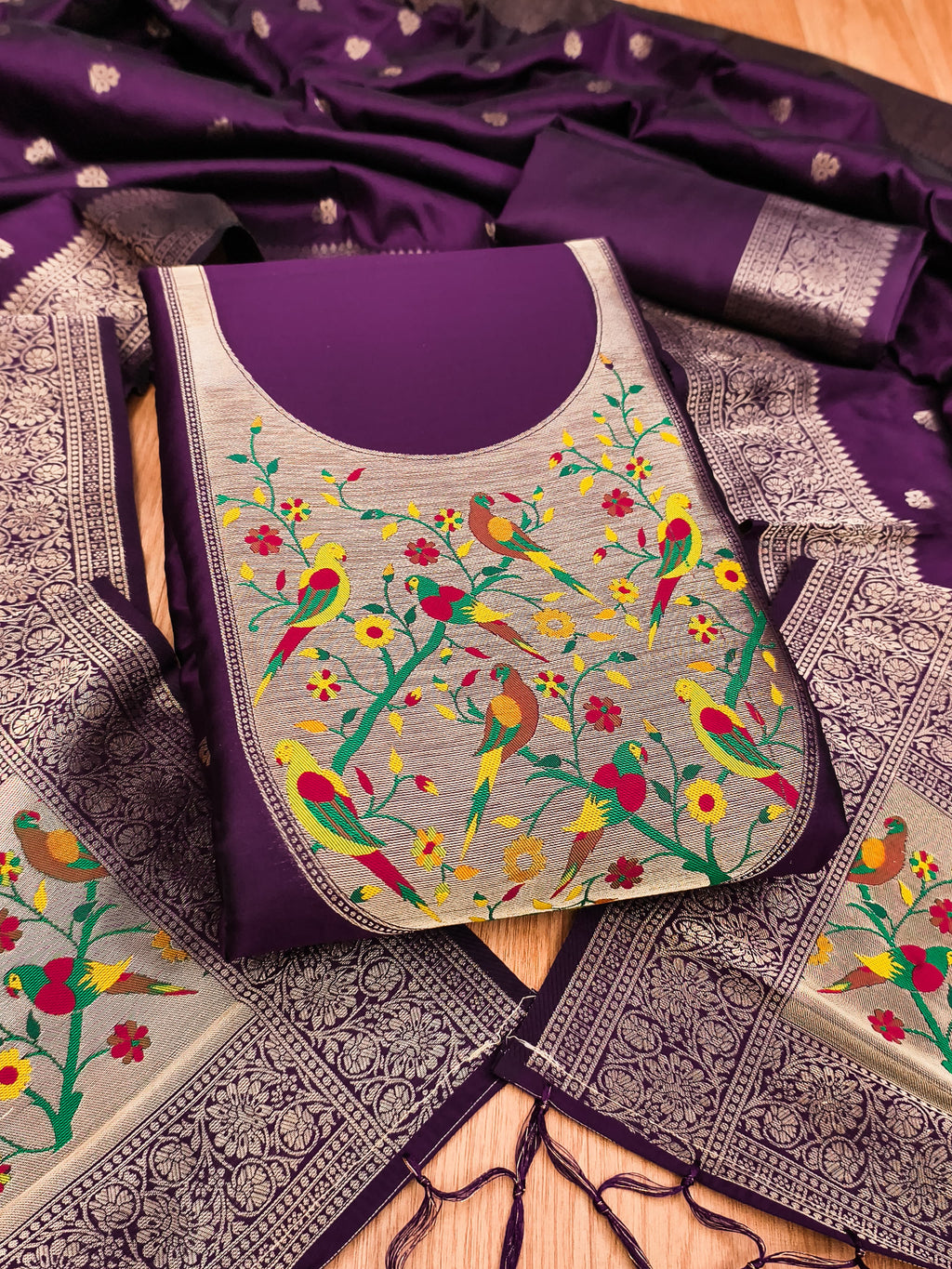 Magenta Color Paithani woven Pattern Top, Bottom & Dupatta Dress Material