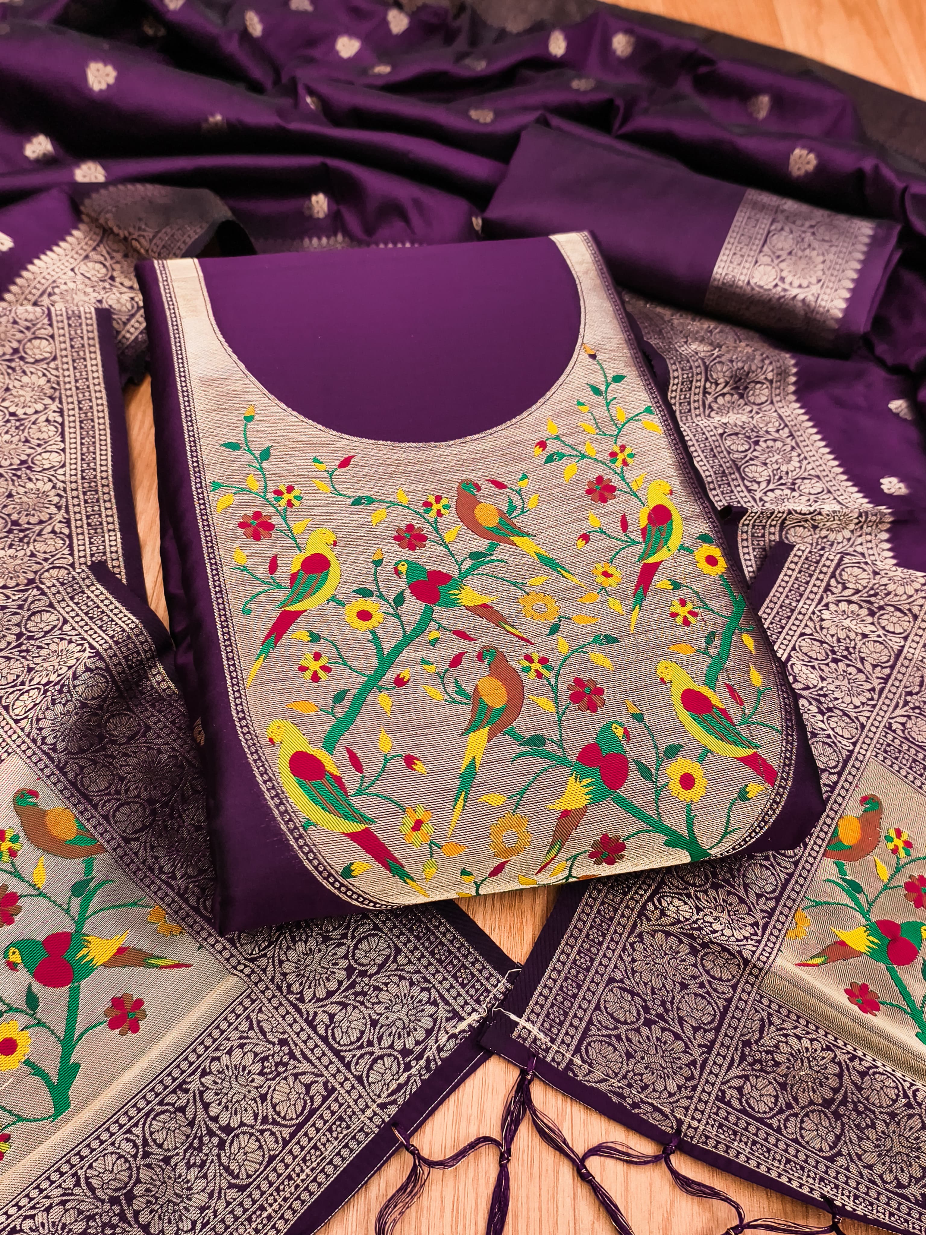 Magenta Color Paithani woven Pattern Top, Bottom & Dupatta Dress Material