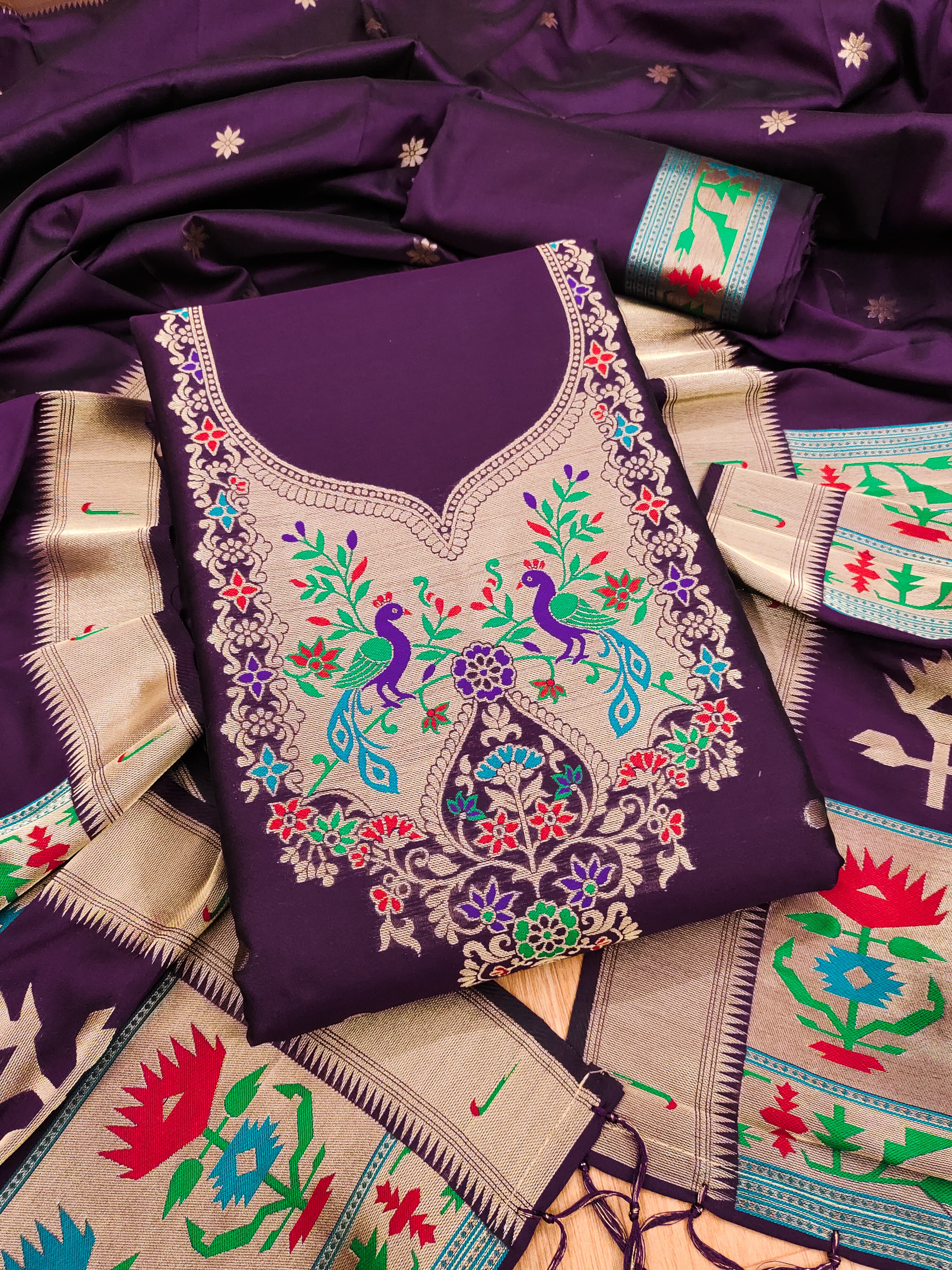 Wine Color Paithani woven Pattern Top, Bottom & Dupatta Dress Material