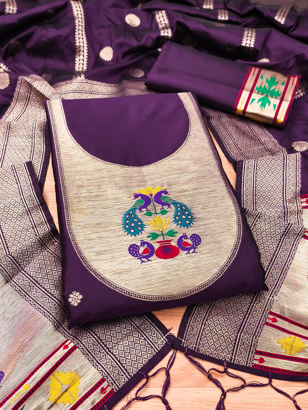 Teal Color Paithani woven Pattern Top, Bottom & Dupatta Dress Material